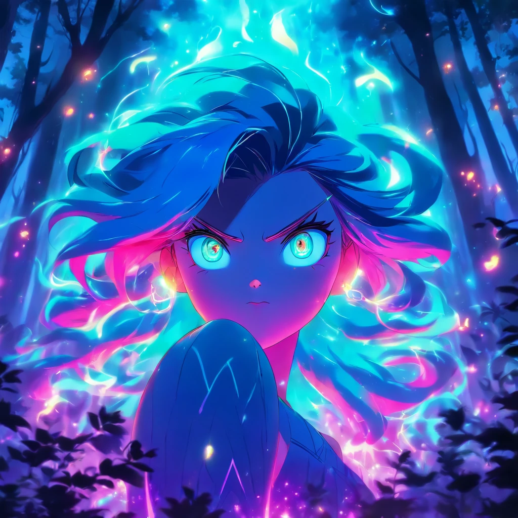 female with glowing teal eyes, rainbow colored hair casting glowing spells inside of a mystical forest