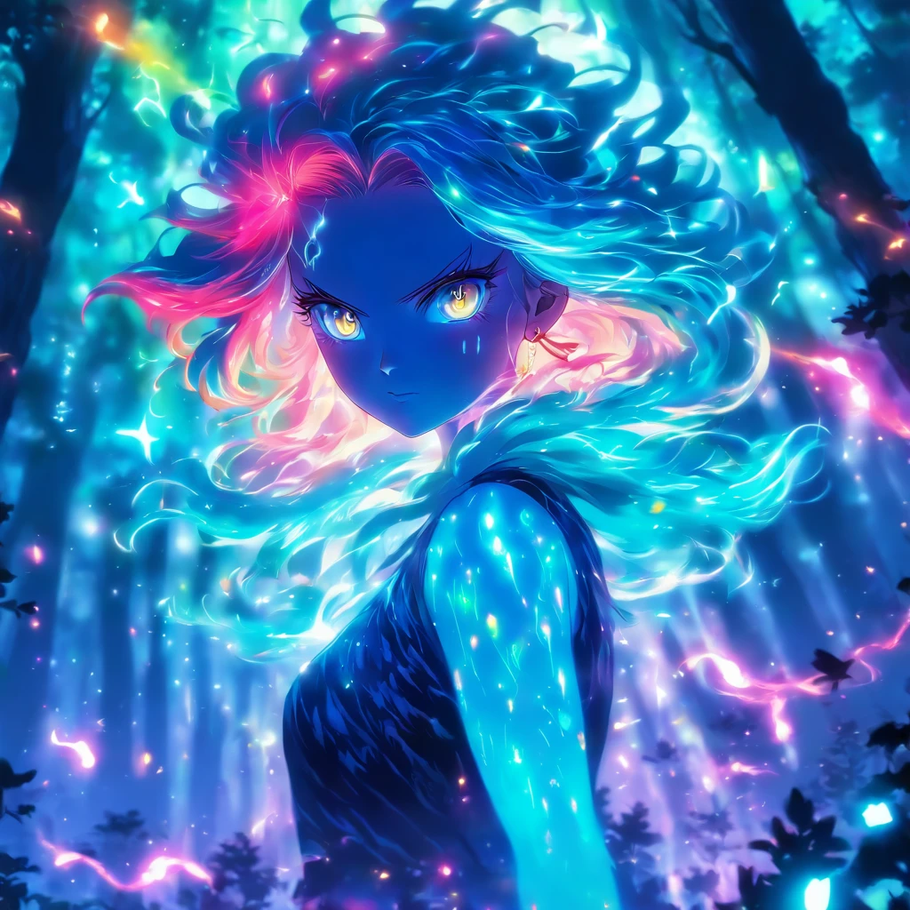 female with glowing teal eyes, rainbow colored hair casting glowing spells inside of a mystical forest