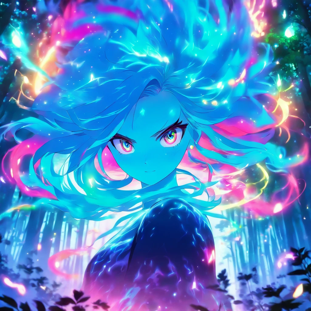 female with glowing teal eyes, rainbow colored hair casting glowing spells inside of a mystical forest
