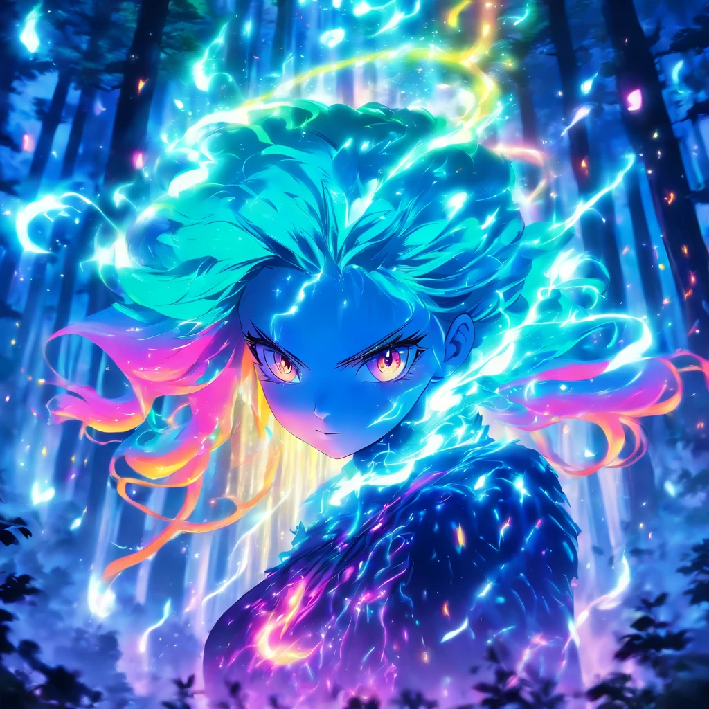 female with glowing teal eyes, rainbow colored hair casting glowing spells inside of a mystical forest