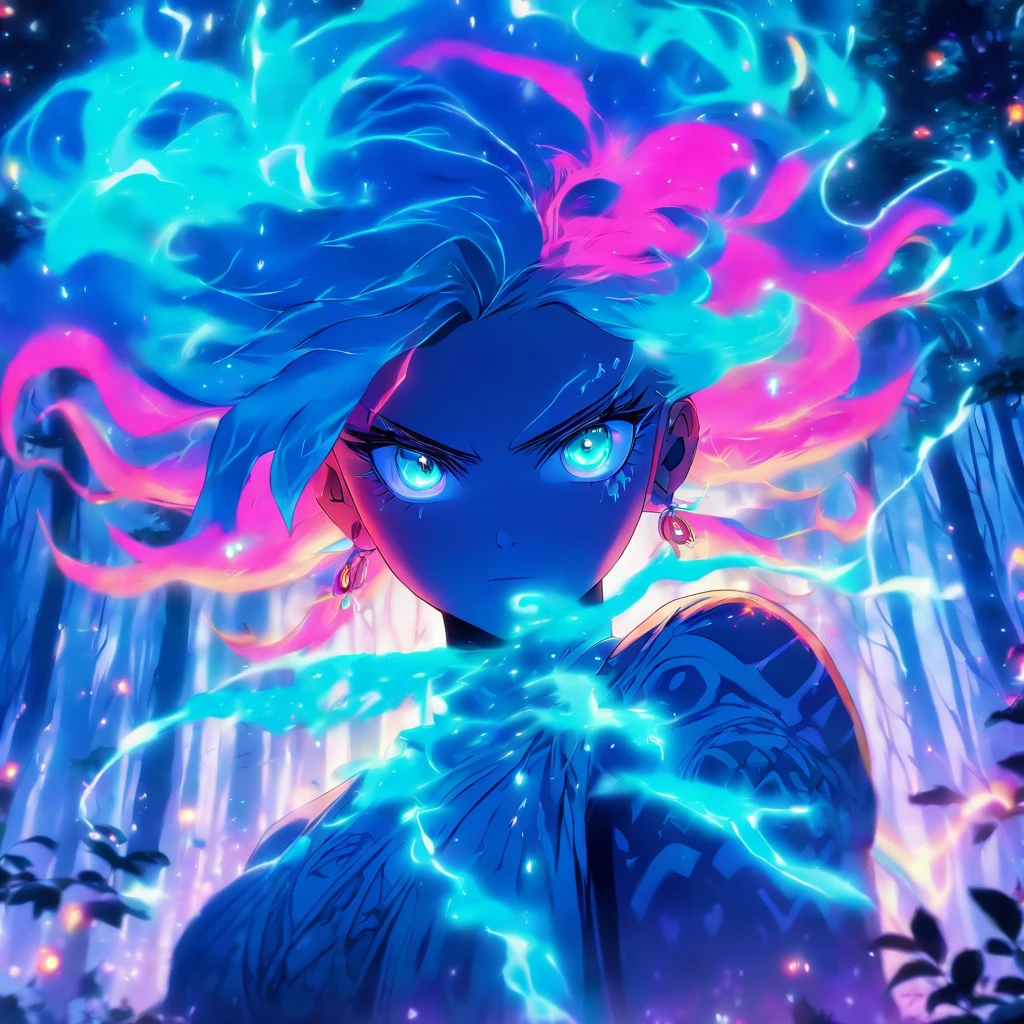 female with glowing teal eyes, rainbow colored hair casting glowing spells inside of a mystical forest