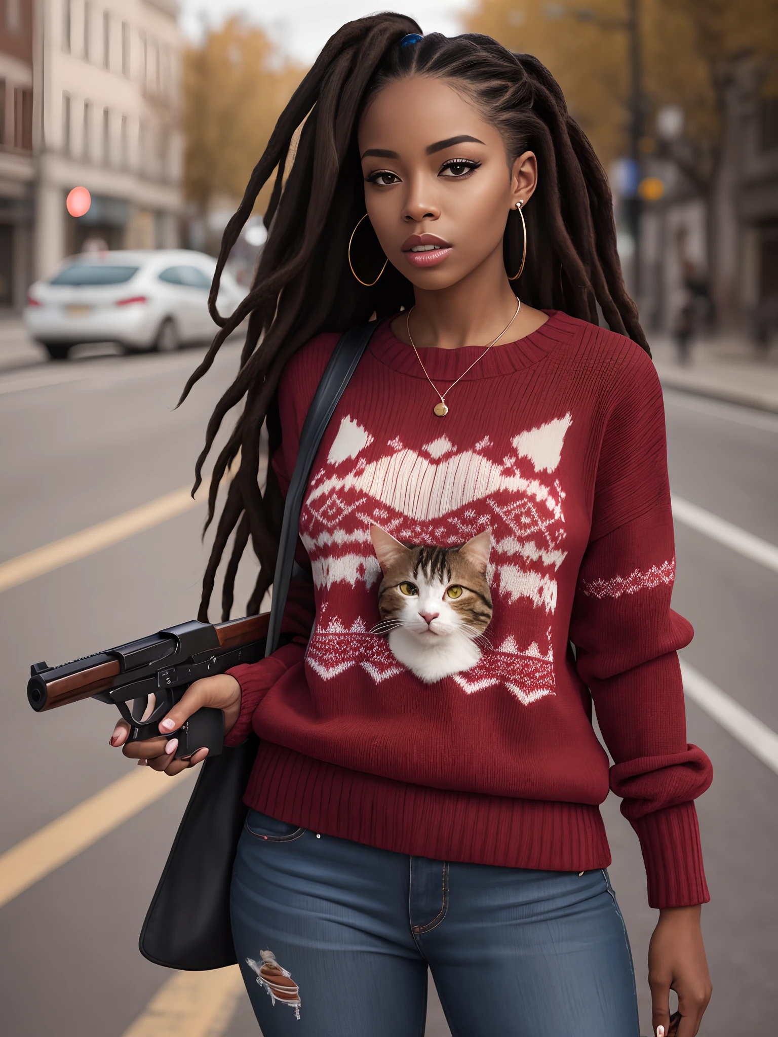 black woman, cat eyes, dreadlocks in her hair, armed with a twelve gauge pistol in the middle of the street wearing a red sweater, masterpiece, great effects, realistic detail, 8K, sexy