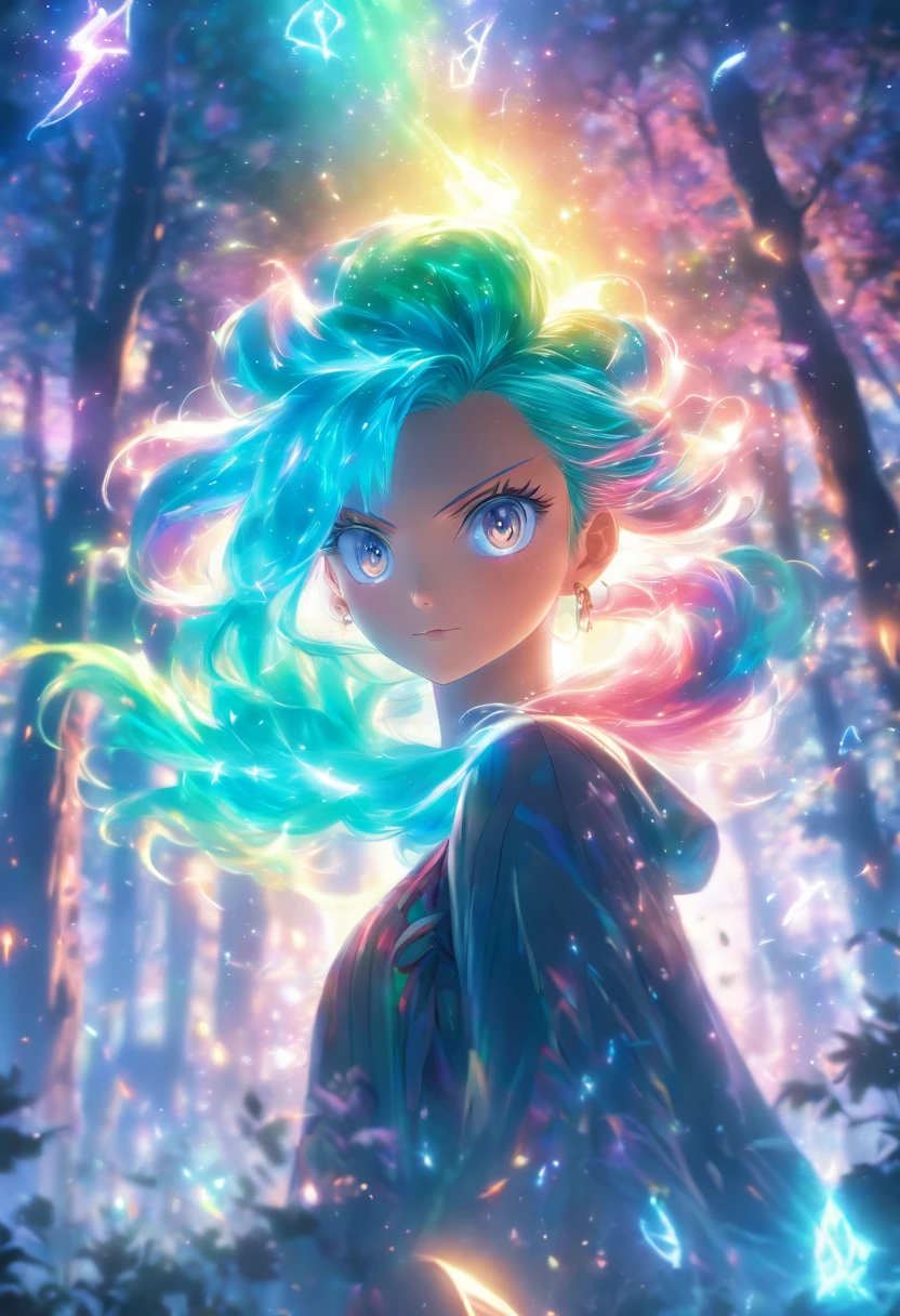 (best quality,4k,8k,highres,masterpiece:1.2),ultra-detailed,(realistic,photorealistic,photo-realistic:1.37),female with glowing teal eyes,rainbow colored hair,casting glowing spells,mystical forest,illustration,enchanted atmosphere,vibrant colors,soft lighting