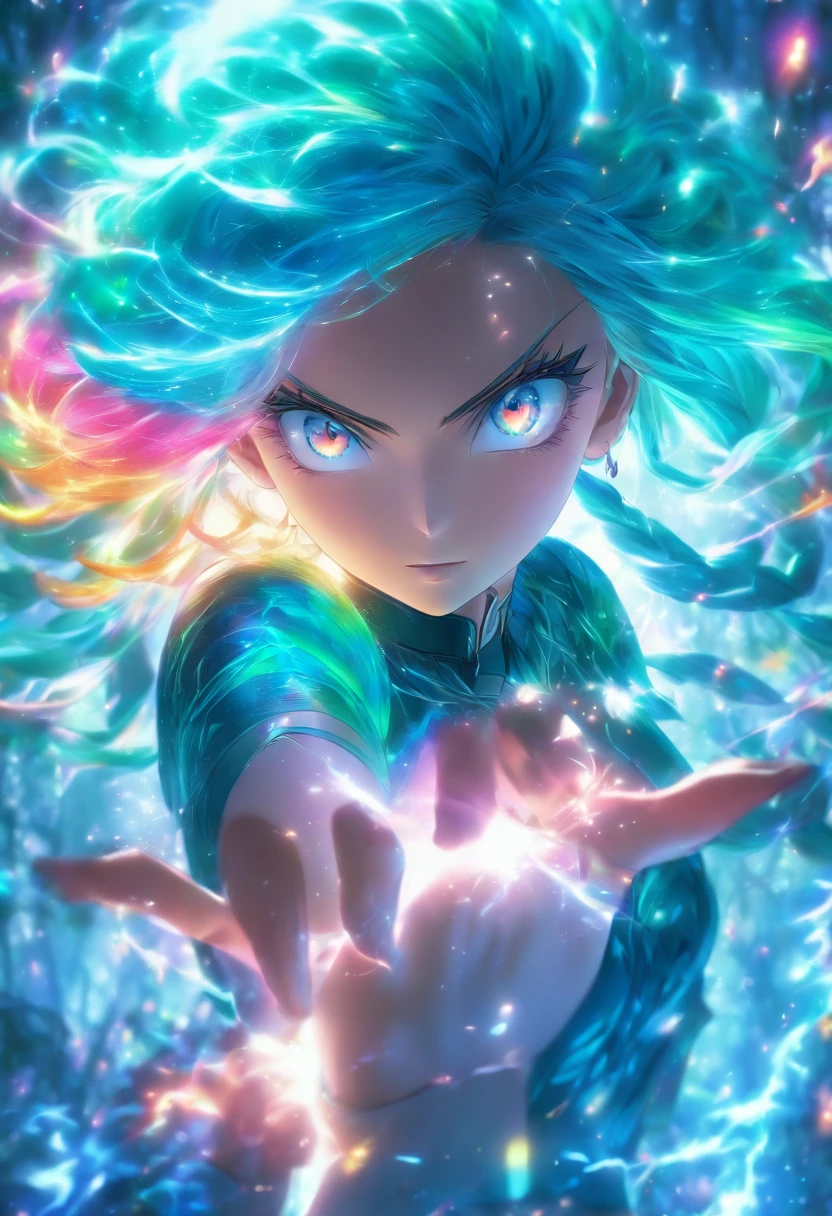 (best quality,4k,8k,highres,masterpiece:1.2),ultra-detailed,(realistic,photorealistic,photo-realistic:1.37),female with glowing teal eyes,rainbow colored hair,casting glowing spells,mystical forest,illustration,enchanted atmosphere,vibrant colors,soft lighting