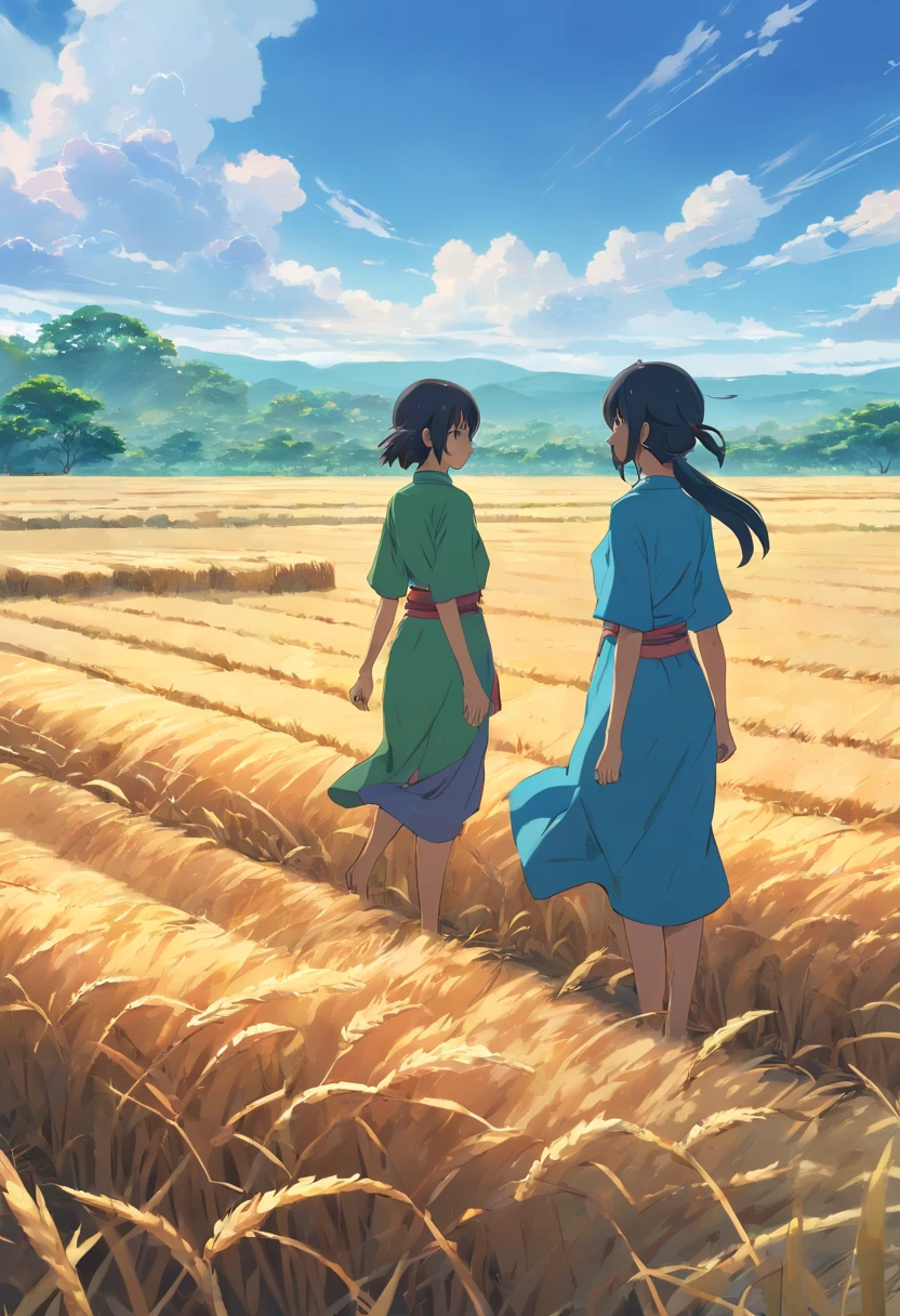 a dry field with two mayan women
