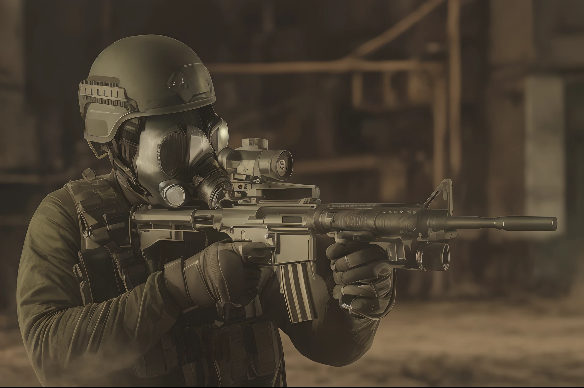 arafed man in gas mask holding a rifle and aiming, airsoft cqb, black tactical gear, airsoft close quarter combat, wearing tactical gear, french special ops, tactical gear, airsoft gun, laser sights on weapons, special forces security, future combat gear, a soldier aiming a gun, military gear, military weaponry, realistic military gear, airsoft electric pistol, new york city street backdrop