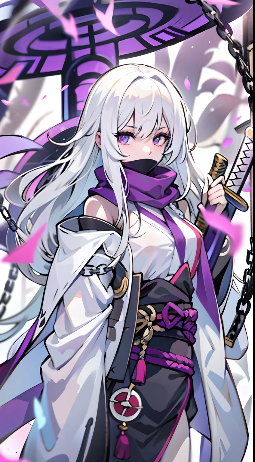 silver hair, armor, samurai, purple highlights in hair ombre getty purple, bunny ears, katana,