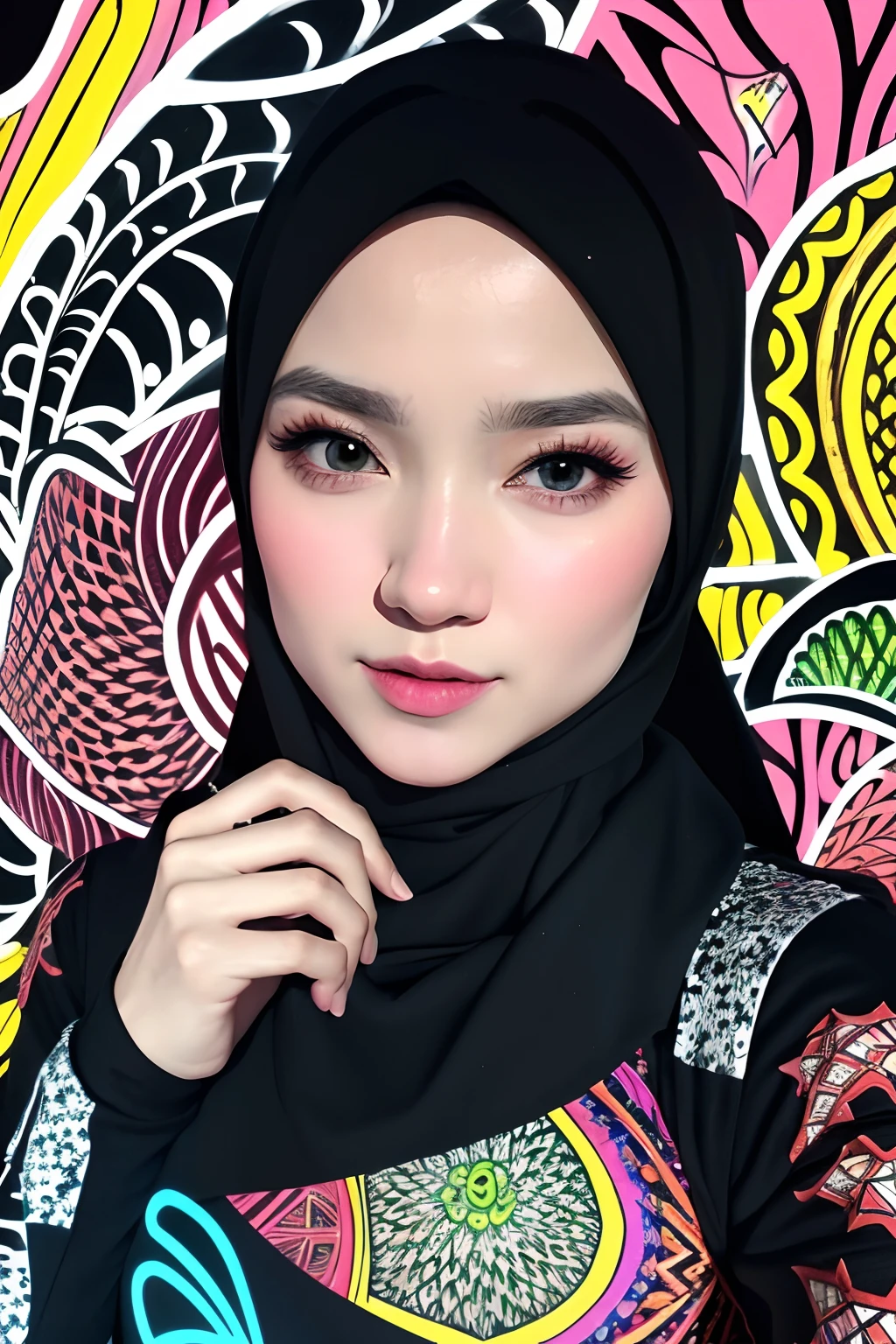 ,1girl, solo, pretty face, eyelashes, nose, glossy lips, (detailed eyes, looking at viewer, fair skin, white skin: 1.5), smooth skin, wearing hijab, 8k portrait of beauty in hijab, intricate, graceful, highly detailed, majestic, digital photography, hyper realistic, Masterpiece, Best Quality, All parts of the body except the face and hands are covered with clothing, Tudung, ((do not let the hair come out of the hijab)), full hijab, ((all parts of the body covered by clothes except the face)), Best Quality, (graffiti:1.5), paint splatter, jacket, On wall, paint can, looking at viewer, head slanted, inspired by Shunkōsai Hokushū, inspired by Tsukioka Yoshitoshi, inspired by Utagawa Kuniyoshi, inspired by Ryūkōsai Jokei, inspired by Gatōken Shunshi, inspired by Kanō Hōgai, (masterpiece, top quality, best quality, official art, beautiful and aesthetic:1.2), (1girl:1.3), extremely detailed,(fractal art:1.2),colorful,highest detailed,( zentangle neon:1.2), (dynamic pose), (abstract background neon:1.5), (treditional dress:1.2)
