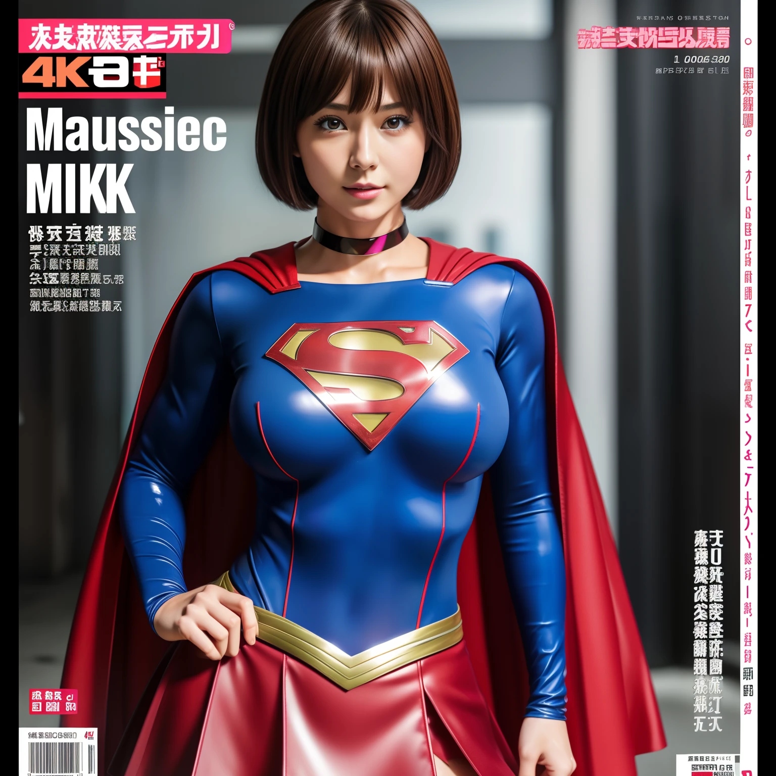 (Best Quality,4K,8K,hight resolution,masutepiece:1.2),Ultra-detailed,Realistic:1.37,Super masterpiece,Short-haired Supergirl、large full breasts、Looking at the camera、Glossy costume、a choker、Too short miniskirt、Weekly magazine cover、hposing Gravure Idol