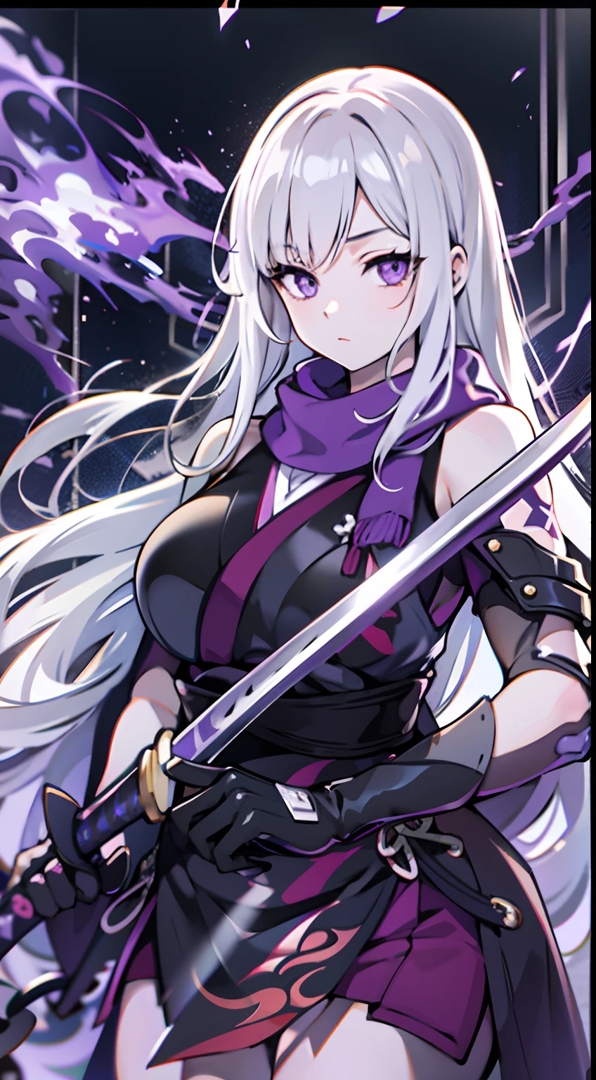 upper body, 1woman, white hair, Long Haired, purple eyes, (ninja), purple scarf, black katana, big breats, wallpaper, Chain background, light particles, (masterpiece), best quality, Top Quality, pale white skin,