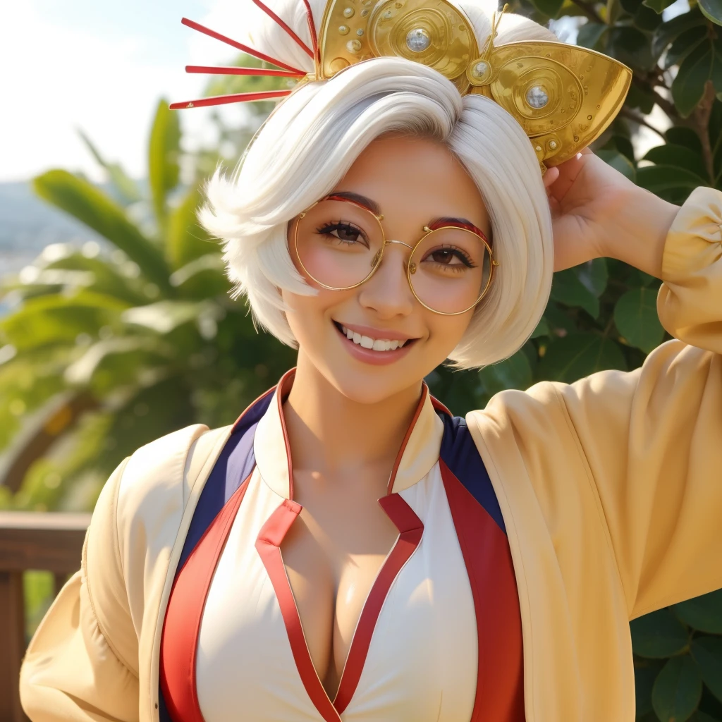 masterpiece, realistic, best quality, purah, red glasses, hair ornament, white jacket, sleeveless shirt, upper body, smiling, fair skin
