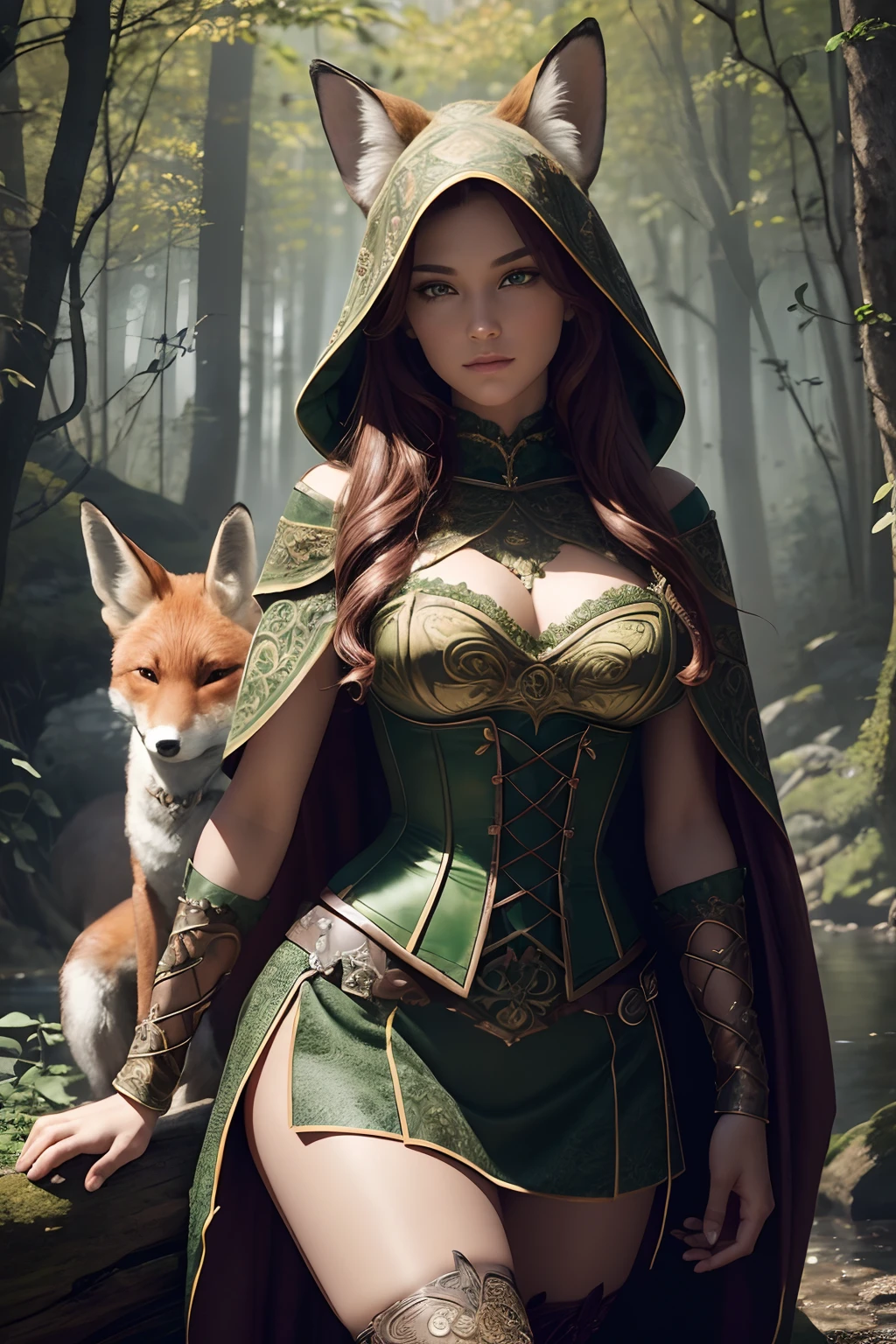 Masterpiece, high details, best quality, 8k, [ultra detailed], masterpiece, best quality, (extremely detailed), dynamic angle, ultra wide shot, RAW, photorealistic, fantasy art, dnd art, rpg art, realistic art, a wide angle picture of a female fairie ranger and her (pet fox), warrior of nature, fighter of nature, full body, [[anatomically correct]]. dynamic position (1.5 intricate details, Masterpiece, best quality) talking to a fox, (red fox), fantasy style, smoothlight (1.6 intricate details, Masterpiece, best quality) in forest (1.5 intricate details, Masterpiece, best quality), a female wearing hooded royal green cape (modest dark green skirt with corset top) with thigh high green leather boots (1.4 intricate details, Masterpiece, best quality), thick hair, long hair, auburn red hair, fair skin intense (brown) eyes, forest background (intense details), a stream flowing in the backgraound (1.4 intricate details, Masterpiece, best quality), dawn light, clouds (1.4 intricate details, Masterpiece, best quality), dynamic angle, (1.4 intricate details, Masterpiece, best quality) 3D rendering, high details, best quality, highres, ultra wide angle, celtic fantasy, clover, poison ivy, fae, (goddess of mischief), green magic, wearing green tophat, pixie, fairy, celtic, Autumn, beautiful autumn spirit, fall season, Dark colored roses, perfect creation, perfect art, highly detailed, detailed art, masterpiece, perfect creation, perfect art, (outlined iris), (perfect eyes), (full figure),