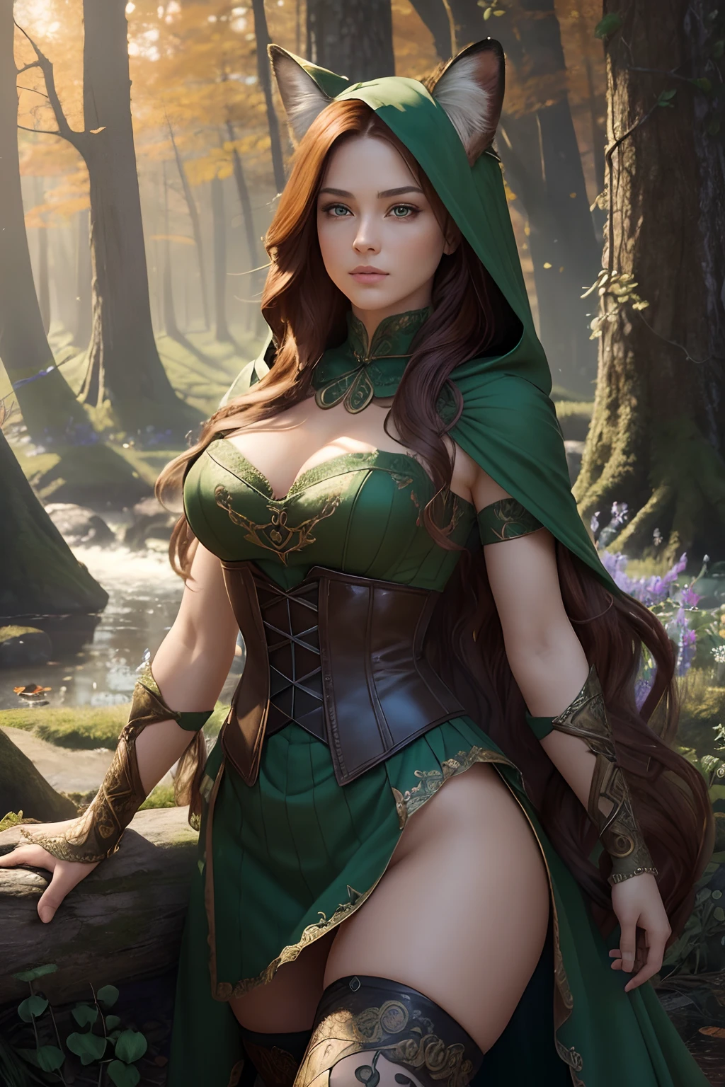 Masterpiece, high details, best quality, 8k, [ultra detailed], masterpiece, best quality, (extremely detailed), dynamic angle, ultra wide shot, RAW, photorealistic, fantasy art, dnd art, rpg art, realistic art, a wide angle picture of a female fairie ranger and her pet fox, warrior of nature, fighter of nature, full body, [[anatomically correct]]. dynamic position (1.5 intricate details, Masterpiece, best quality) talking to a fox, (red fox), fantasy style, smoothlight (1.6 intricate details, Masterpiece, best quality) in forest (1.5 intricate details, Masterpiece, best quality), a female wearing hooded royal green cape (modest medium length dark green skirt with corset top) with thigh high green leather boots (1.4 intricate details, Masterpiece, best quality), thick hair, long hair, auburn red hair, fair skin intense (brown) eyes, forest background (intense details), a stream flowing in the backgraound (1.4 intricate details, Masterpiece, best quality), dawn light, clouds (1.4 intricate details, Masterpiece, best quality), dynamic angle, (1.4 intricate details, Masterpiece, best quality) 3D rendering, high details, best quality, highres, ultra wide angle, celtic fantasy, clover, poison ivy, fae, goddess of mischief, green magic, (wearing green tophat), pixie, fairy, celtic, Autumn, beautiful autumn spirit, fall season, Dark colored roses, perfect creation, perfect art, highly detailed, detailed art, masterpiece, perfect creation, perfect art, (outlined iris), (perfect eyes), (full figure),