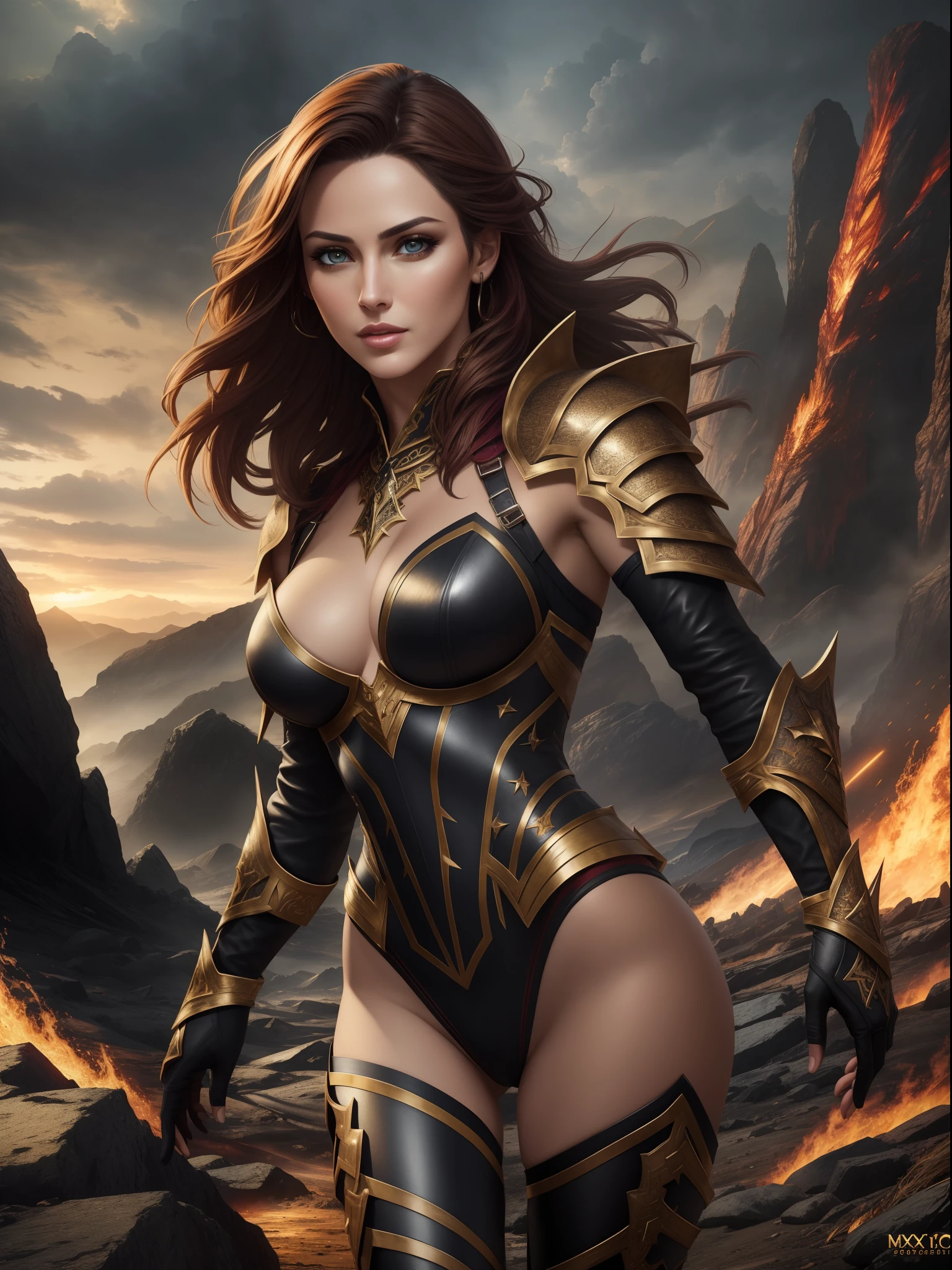 1girl, Mature Woman, Establishing Angle, Full Body, (Fit, Abs, Athletic:0.4), (Confident Firm Direct Gaze Raised Eyebrows Relaxed Mouth:0.7), ( landscape with form, Apocalyptic Themes, Underworld Kingdom Location1.0) (Masterpiece, Hypermaximalist, Maximalism, Best Quality, 8k, Highres, Absurdres, 4k, High Quality, Ultra High Res, Highest Quality, Ultra Detailed, 8k Uhd, Realistic, Highly Detailed, Ultra-Detailed:1.0), (Cinematic Lighting, Hdr, Raw Photo, Sharp Focus, Photorealistic, Realistic:1.0), (Triangle shaped face, Feminine Face Features, Female Appearance, Small Chin, High Cheekbones, Full Lips,:1.2), (Beautiful Face, Detailed Face, Beautiful Eyes, Detailed Eyes, Beautiful Detailed Eyes:1.0), Trickster wearing Leather Light Dragon hide Armor,