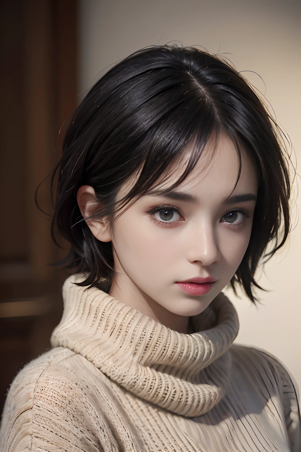 (masterpiece:1.3), (8k, photorealistic, RAW photo, best quality: 1.4), (1girl), beautiful face, (realistic face), (black hair, short hair:1.3), beautiful hairstyle, realistic eyes, beautiful detailed eyes, (realistic skin), beautiful skin, (sweater), absurdres, attractive, ultra high res, ultra realistic, highly detailed, golden ratio