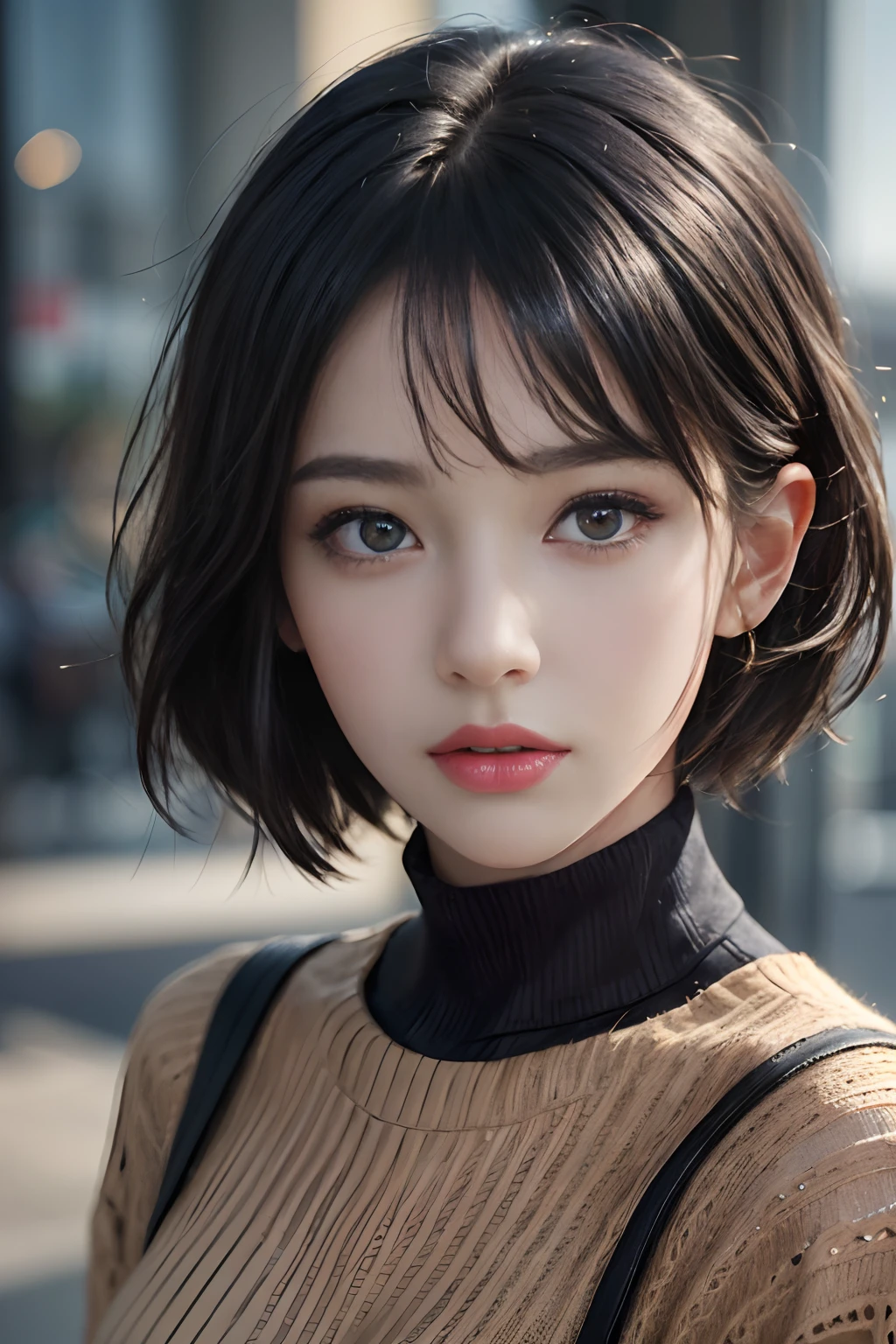 (masterpiece:1.3), (8k, photorealistic, RAW photo, best quality: 1.4), (1girl), beautiful face, (realistic face), (black hair, short hair:1.3), beautiful hairstyle, realistic eyes, beautiful detailed eyes, (realistic skin), beautiful skin, (sweater), absurdres, attractive, ultra high res, ultra realistic, highly detailed, golden ratio