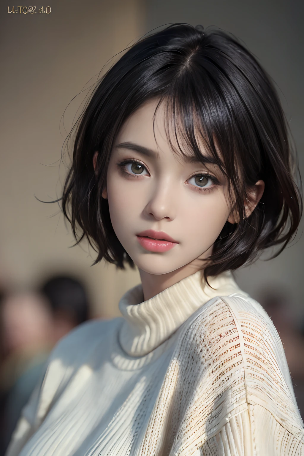 (masterpiece:1.3), (8k, photorealistic, RAW photo, best quality: 1.4), (1girl), beautiful face, (realistic face), (black hair, short hair:1.3), beautiful hairstyle, realistic eyes, beautiful detailed eyes, (realistic skin), beautiful skin, (sweater), absurdres, attractive, ultra high res, ultra realistic, highly detailed, golden ratio