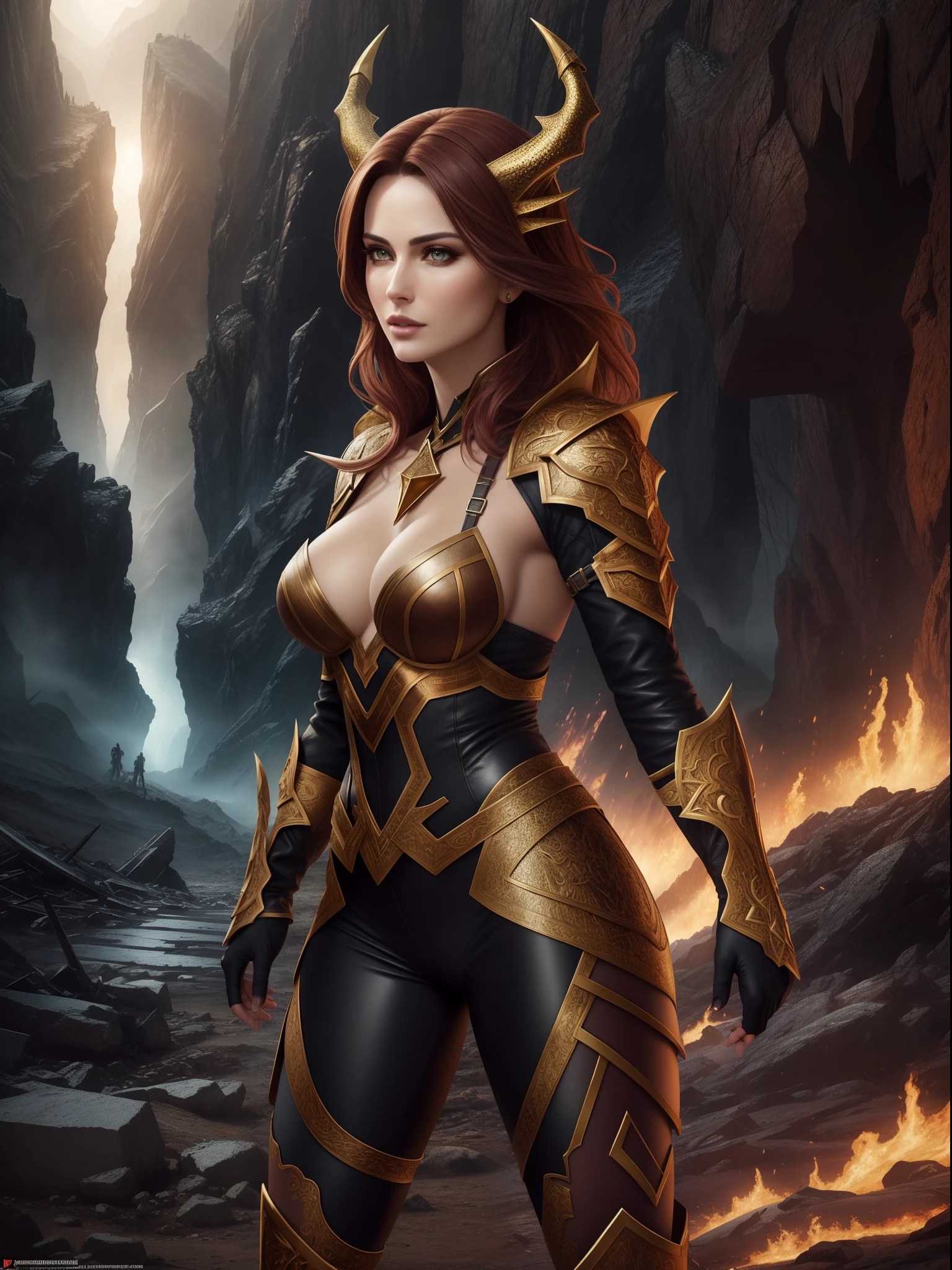 1girl, Mature Woman, Establishing Angle, Full Body, (Fit, Abs, Athletic:0.4), (Confident Firm Direct Gaze Raised Eyebrows Relaxed Mouth:0.7), ( landscape with form, Apocalyptic Themes, Underworld Kingdom Location1.0) (Masterpiece, Hypermaximalist, Maximalism, Best Quality, 8k, Highres, Absurdres, 4k, High Quality, Ultra High Res, Highest Quality, Ultra Detailed, 8k Uhd, Realistic, Highly Detailed, Ultra-Detailed:1.0), (Cinematic Lighting, Hdr, Raw Photo, Sharp Focus, Photorealistic, Realistic:1.0), (Triangle shaped face, Feminine Face Features, Female Appearance, Small Chin, High Cheekbones, Full Lips,:1.2), (Beautiful Face, Detailed Face, Beautiful Eyes, Detailed Eyes, Beautiful Detailed Eyes:1.0), Trickster wearing Leather Light Dragon hide Armor,
