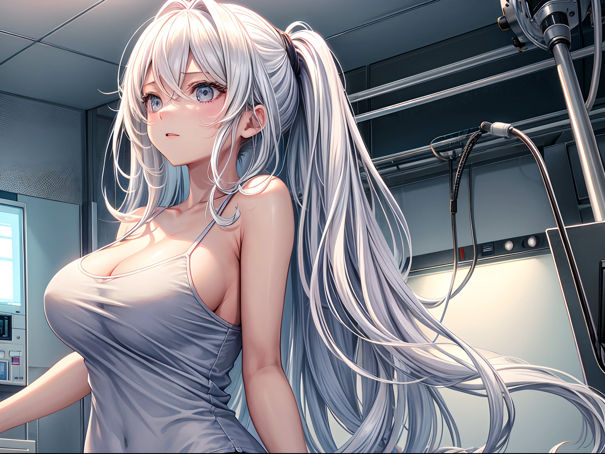 lighting like a movie、Girl in a camisole suit、oversized boobs，up of the upper body、Kaihuai、Private room、long  white hair，Re-hospital operating room，