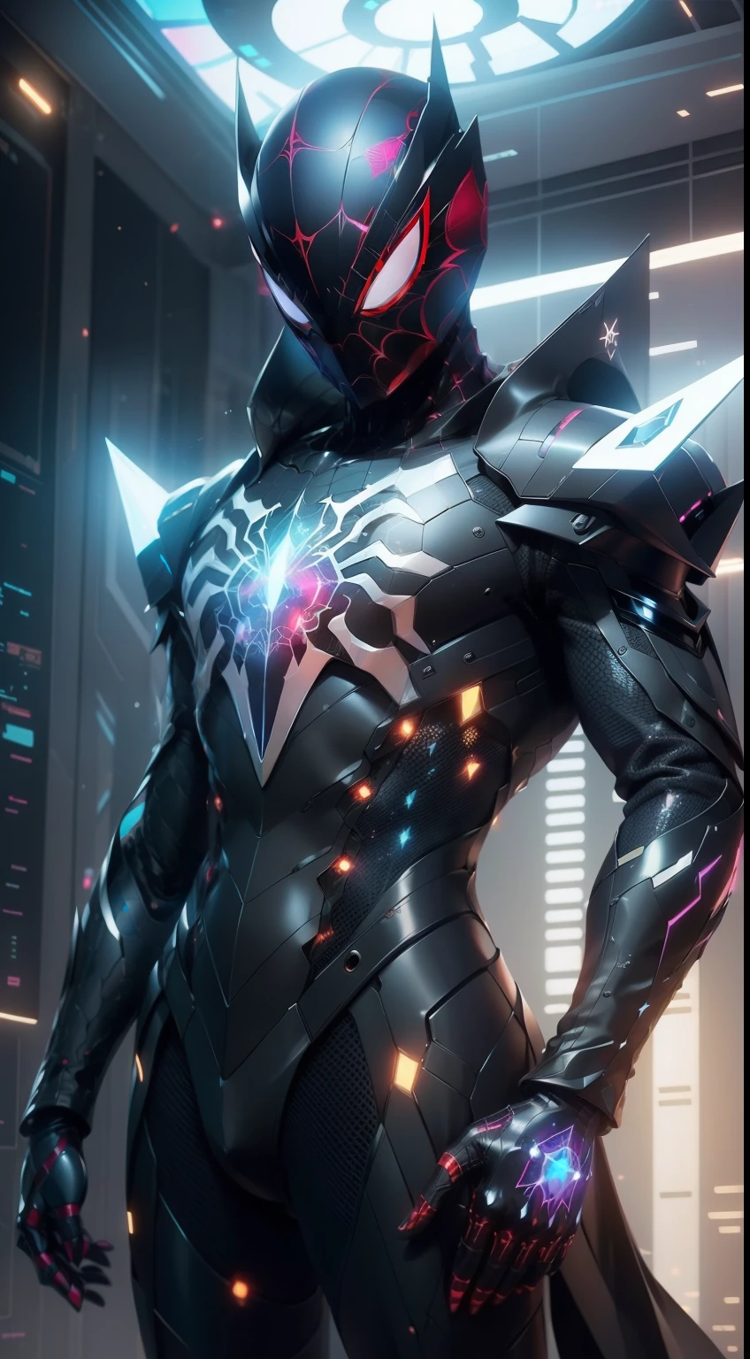 The suit is made of a changing nanotechnological fabric, with a chrome chandelier on the chest and constellation details on sleeves and legs. Incorpora una capa desmontable que parece alas de una nave espacial , ((Holographic hacker helmet),which projects a cosmic mask onto Spider-Man's face... This suit allows you to breathe in space and adapt to alien environments, Fusing cosmic style with exceptional functionality.