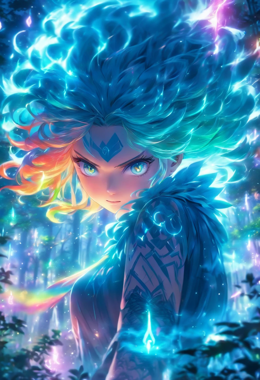 (best quality,4k,8k,highres,masterpiece:1.2),ultra-detailed,(realistic,photorealistic,photo-realistic:1.37),female with glowing teal eyes,rainbow colored hair,casting glowing spells,mystical forest,illustration,enchanted atmosphere,vibrant colors,soft lighting