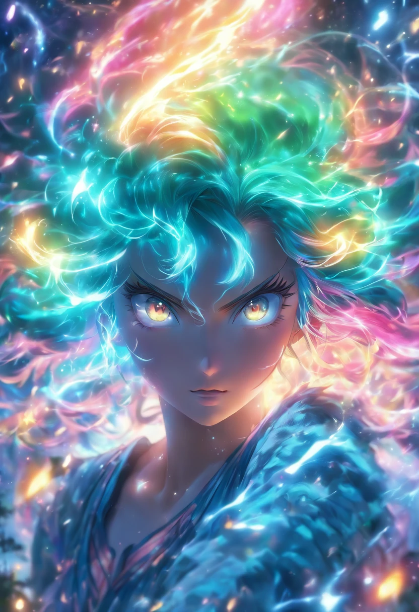 (best quality,4k,8k,highres,masterpiece:1.2),ultra-detailed,(realistic,photorealistic,photo-realistic:1.37),female with glowing teal eyes,rainbow colored hair,casting glowing spells,mystical forest,illustration,enchanted atmosphere,vibrant colors,soft lighting