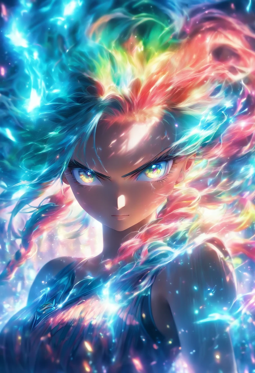 (best quality,4k,8k,highres,masterpiece:1.2),ultra-detailed,(realistic,photorealistic,photo-realistic:1.37),female with glowing teal eyes,rainbow colored hair,casting glowing spells,mystical forest,illustration,enchanted atmosphere,vibrant colors,soft lighting