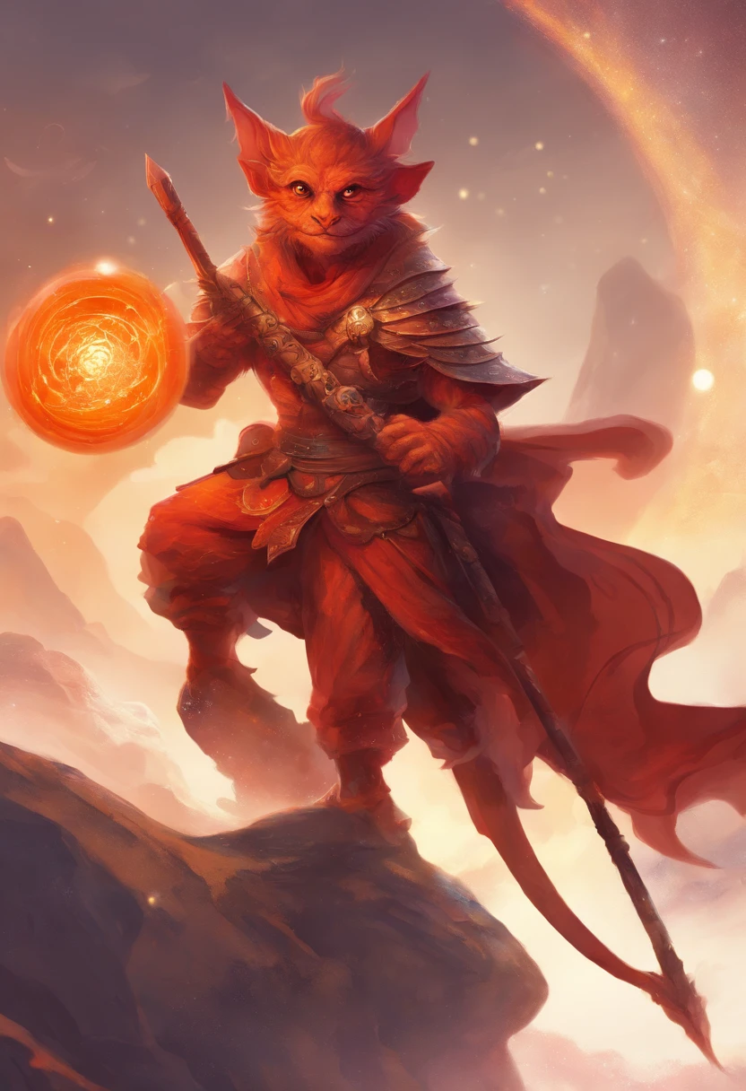 A red-skinned goblin (inspected from the red-skinned Japanese Oni demon). The elf is dressed in a toga made of furry orange fur. the skin is orange in color with black dots and thin stripes and a round patch on the skin. The atmosphere is one of magic and romance and mystery. In the background the universe. realistic image, perfect quality, high definition. The background is a treasure trove