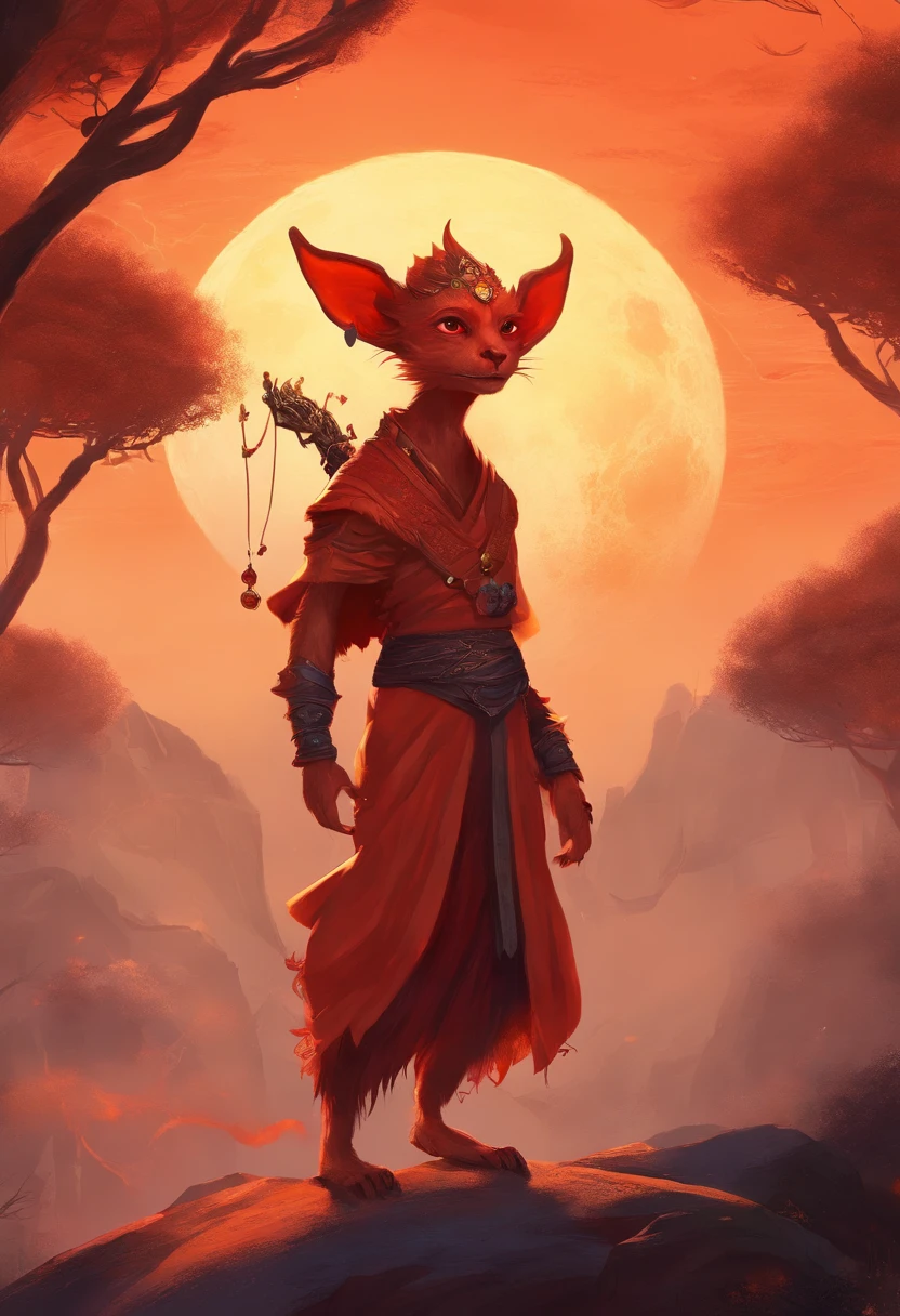 A red-skinned goblin (inspected from the red-skinned Japanese Oni demon). The elf is dressed in a toga made of furry orange fur. the skin is orange in color with black dots and thin stripes and a round patch on the skin. The atmosphere is one of magic and romance and mystery. In the background the universe. realistic image, perfect quality, high definition. The background is a treasure trove