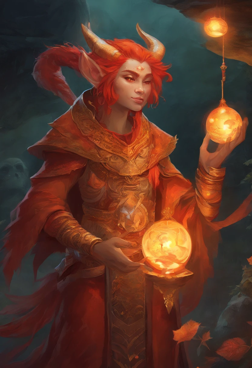 A red-skinned goblin (inspected from the red-skinned Japanese Oni demon). The elf is dressed in a toga made of furry orange fur. the skin is orange in color with black dots and thin stripes and a round patch on the skin. The atmosphere is one of magic and romance and mystery. In the background the universe. realistic image, perfect quality, high definition. The background is a treasure trove