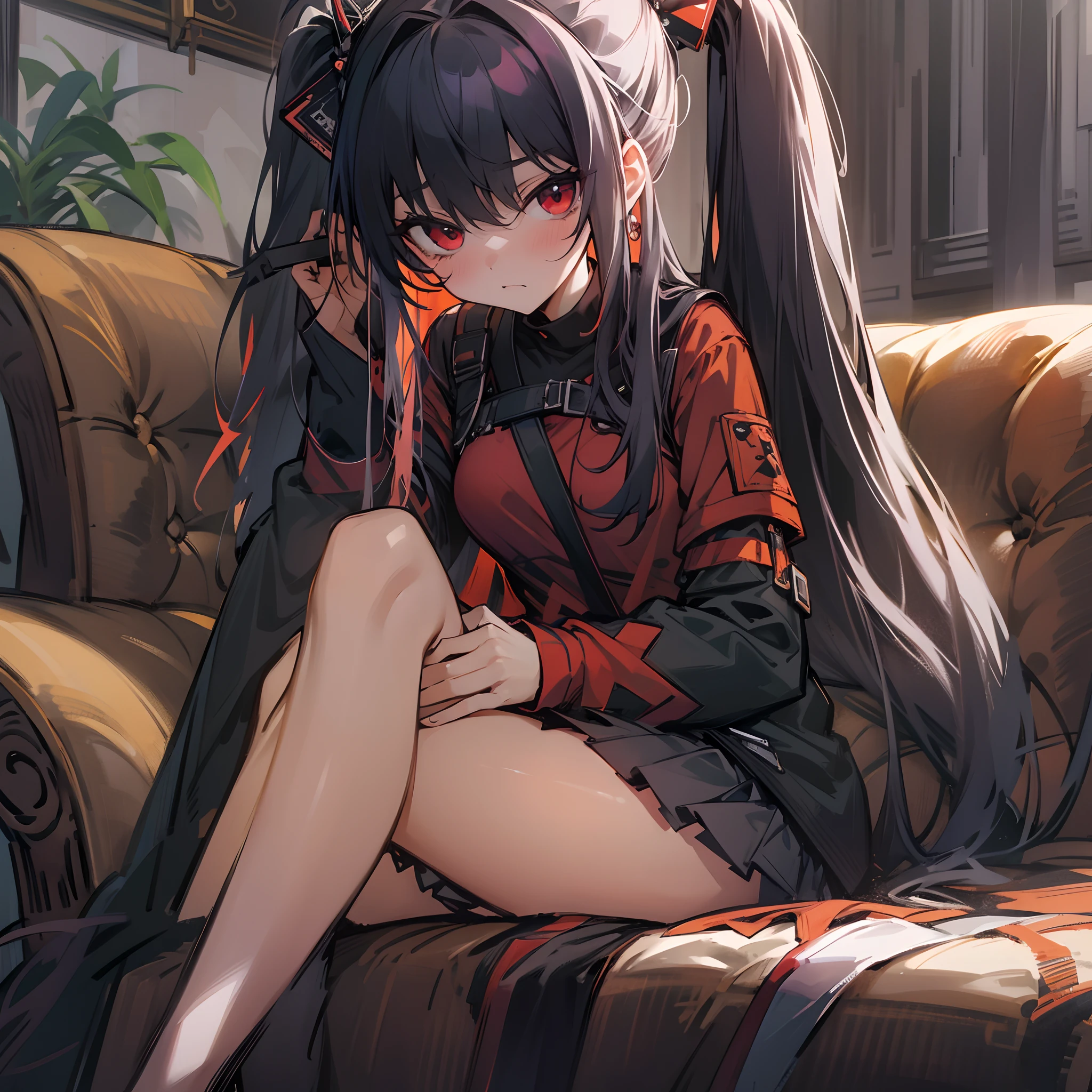 This is a picture of a girl that is mad at the viewer, masterpiece, 8k, highres, top-quality, Extremely detailed, black hair, dark red eyes,black shirt, black miniskirt, sharp eyes, sharp face, tsundere, anime style, sitting on a cushioned chair, crossed legs, close-up view, ultra detailed living room background