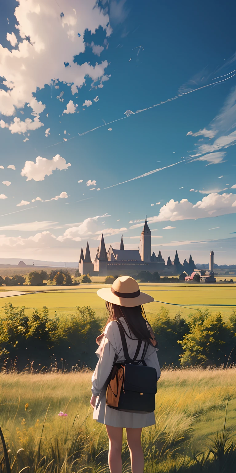 Vast landscape photos、Girl standing on the prairie looking up at the sky、You can see the chimneys of medieval Europe in the distance