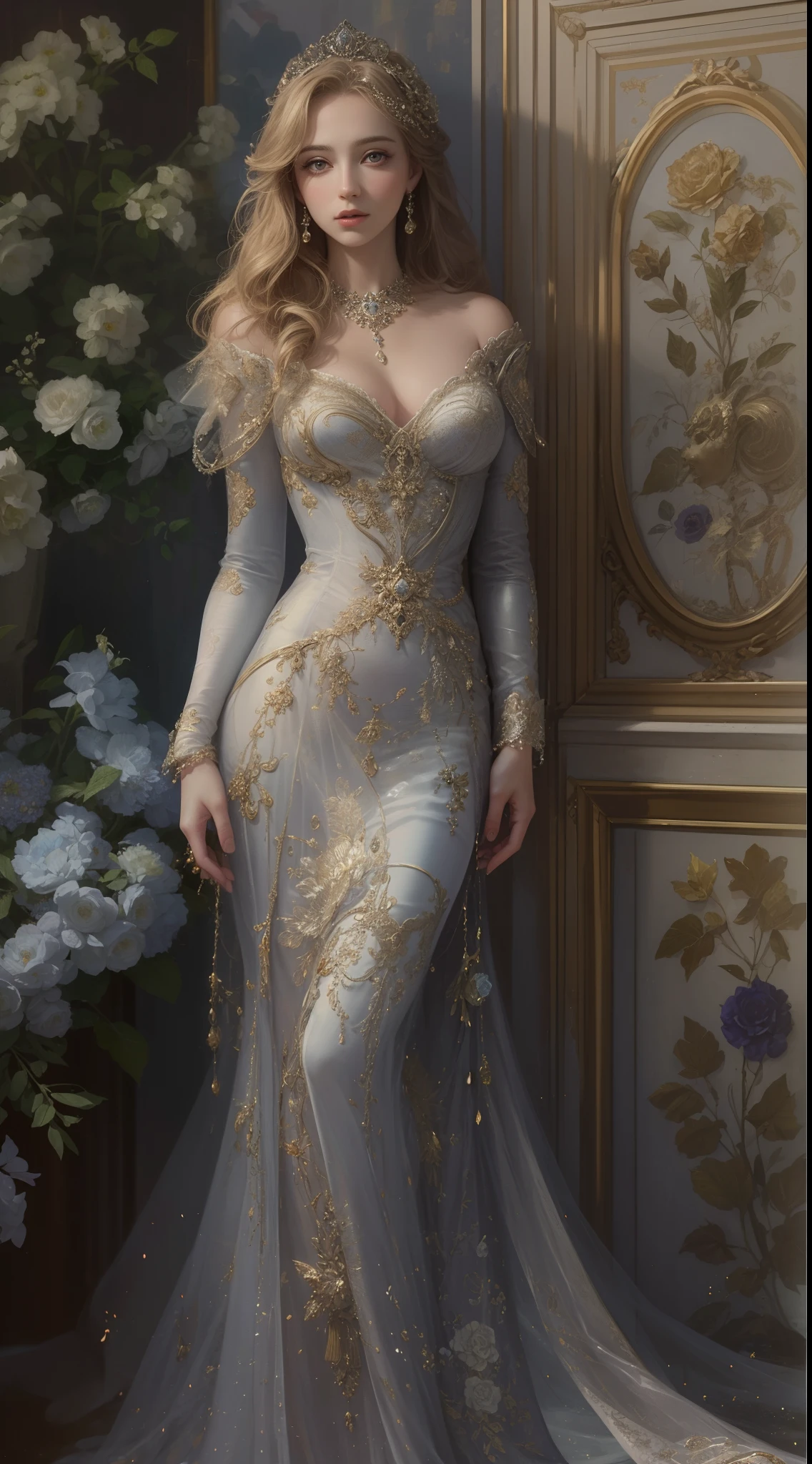 (Best quality,8K,A high resolution,Masterpiece:1.2),Ultra-detailed,(Realistic,Photorealistic,photo-realistic:1.37),Portrait,Creative style artwork,Historical,classical,Sophisticated,plethora of colors,Highly detailed,Soft lighting,luxurious environment,detailed gown,Vibrant flowers,detailed jewellery,Ethereal atmosphere,Elegant Pose,Graceful curves,Gold body proportions,Flowing hair,Breathtaking textile patterns,Harsh purple eyes,Delicate floral decoration,A dazzling array of crystal accessories,Mysterious and dreamy atmosphere,Impeccable attention to detail.