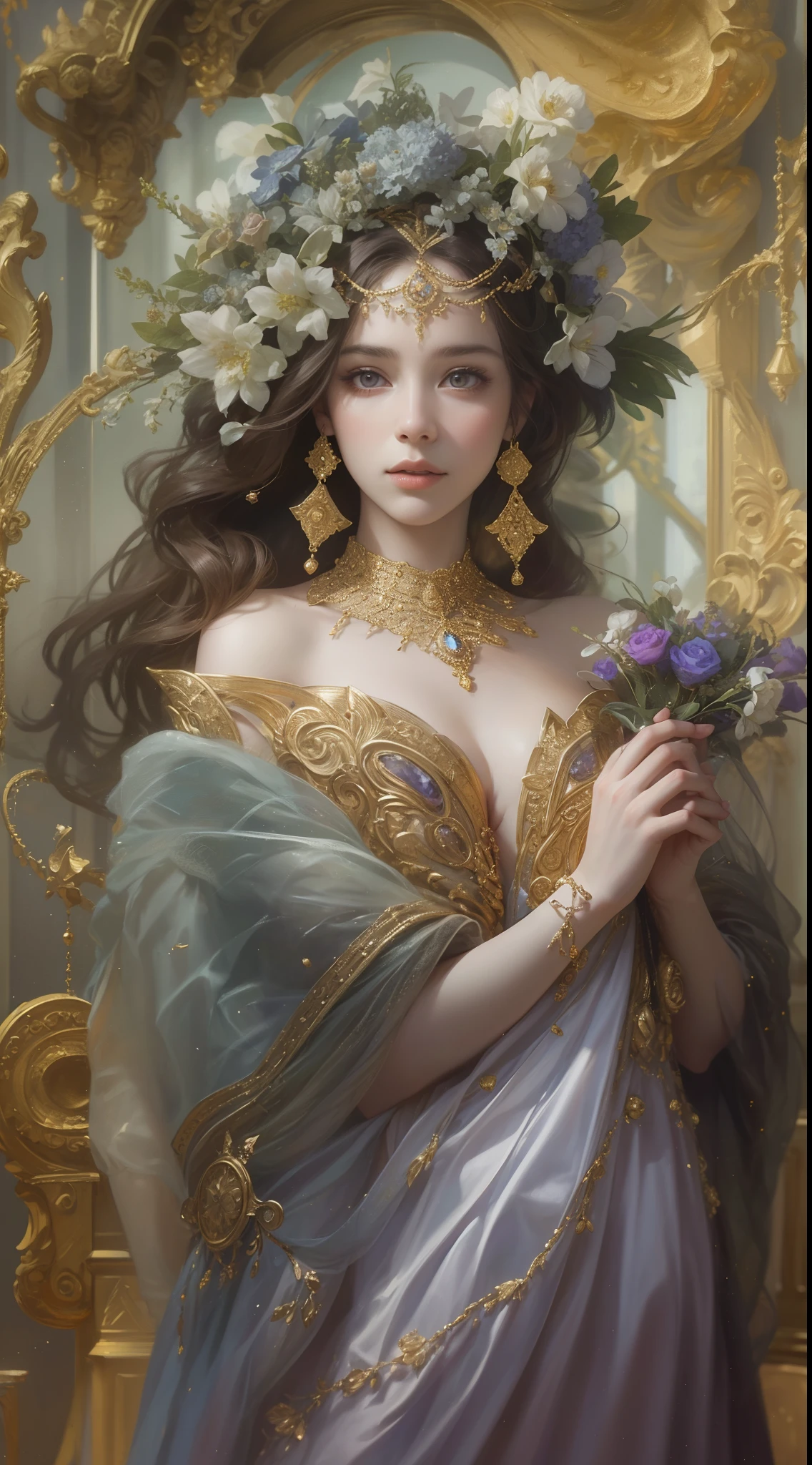 (Best quality,8K,A high resolution,Masterpiece:1.2),Ultra-detailed,(Realistic,Photorealistic,photo-realistic:1.37),Portrait,Creative style artwork,Historical,classical,Sophisticated,plethora of colors,Highly detailed,Soft lighting,luxurious environment,detailed gown,Vibrant flowers,detailed jewellery,Ethereal atmosphere,Elegant Pose,Graceful curves,Gold body proportions,Flowing hair,Breathtaking textile patterns,Harsh purple eyes,Delicate floral decoration,A dazzling array of crystal accessories,Mysterious and dreamy atmosphere,Impeccable attention to detail.