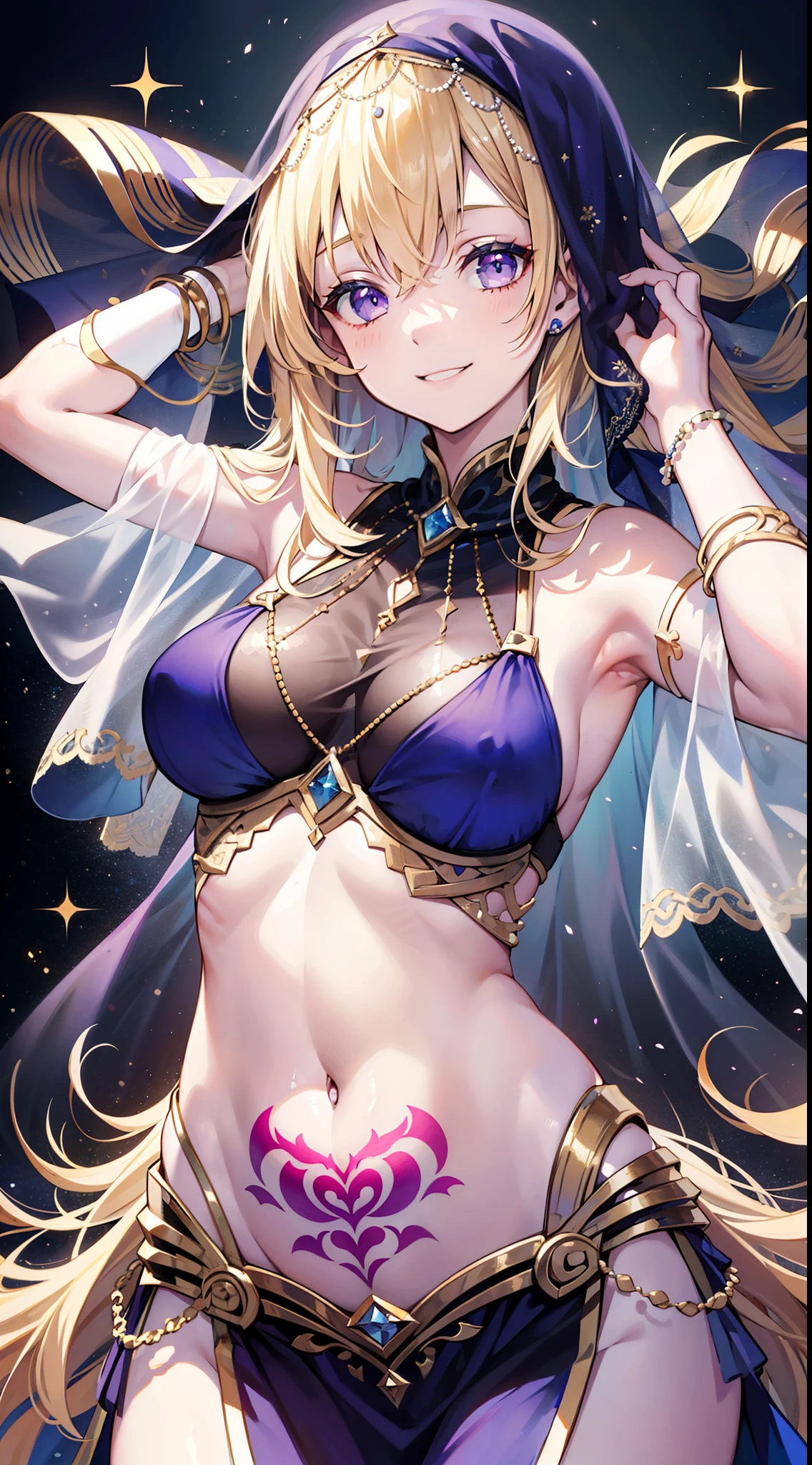 young girl, longue blonde hair, violet eyes, Blue dancer's dress, open breasts, open belly, Sleeveless, tattoo, hands behind head, Smile, A veil covers the face, Masterpiece, hiquality, 4k, HD, Good detail