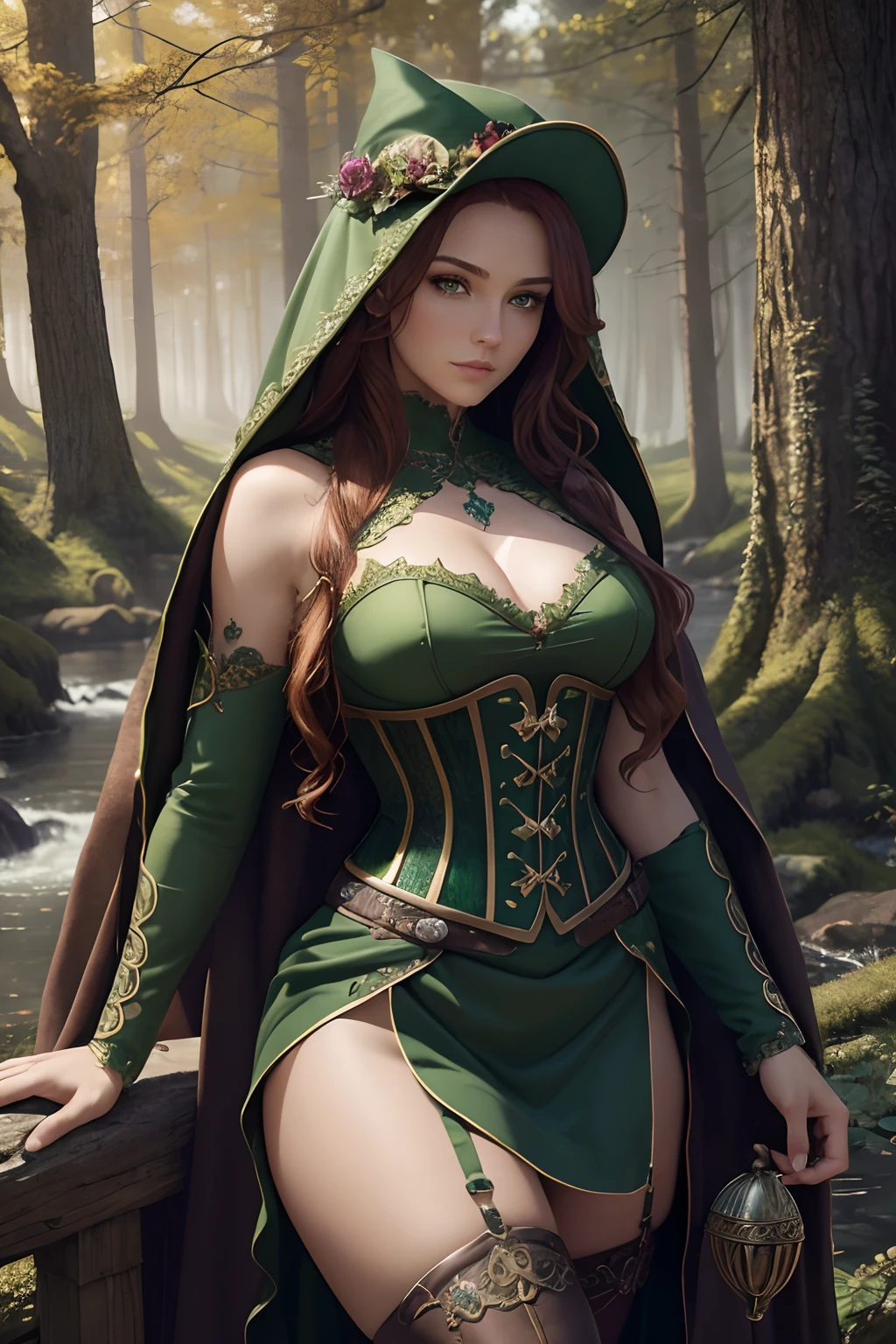 Masterpiece, high details, best quality, 8k, [ultra detailed], masterpiece, best quality, (extremely detailed), dynamic angle, ultra wide shot, RAW, photorealistic, fantasy art, dnd art, rpg art, realistic art, a wide angle picture of a female fairie ranger and her pet fox, warrior of nature, fighter of nature, full body, [[anatomically correct]]. dynamic position (1.5 intricate details, Masterpiece, best quality) talking to a fox, red fox, fantasy style, smoothlight (1.6 intricate details, Masterpiece, best quality) in forest (1.5 intricate details, Masterpiece, best quality), a female wearing hooded royal green cape (modest medium length dark green skirt with corset top) with thigh high green leather boots and hat (1.4 intricate details, Masterpiece, best quality), thick hair, long hair, auburn red hair, fair skin intense (brown) eyes, forest background (intense details), a stream flowing in the backgraound (1.4 intricate details, Masterpiece, best quality), dawn light, clouds (1.4 intricate details, Masterpiece, best quality), dynamic angle, (1.4 intricate details, Masterpiece, best quality) 3D rendering, high details, best quality, highres, ultra wide angle, celtic fantasy, clover, poison ivy, fae, goddess of mischief, green magic, (wearing green tophat), pixie, fairy, celtic, Autumn, beautiful autumn spirit, fall season, Dark colored roses, perfect creation, perfect art, highly detailed, detailed art, masterpiece, perfect creation, perfect art, (outlined iris), (perfect eyes), (full figure),