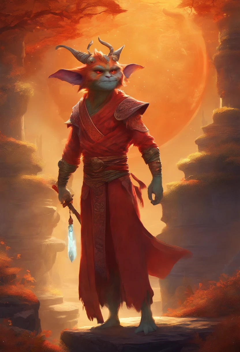 A red-skinned goblin (inspected from the red-skinned Japanese Oni demon). The elf is dressed in a toga made of furry orange fur. the skin is orange in color with black dots and thin stripes and a round patch on the skin. The atmosphere is one of magic and romance and mystery. In the background the universe. realistic image, perfect quality, high definition. The background is a mountain of gold