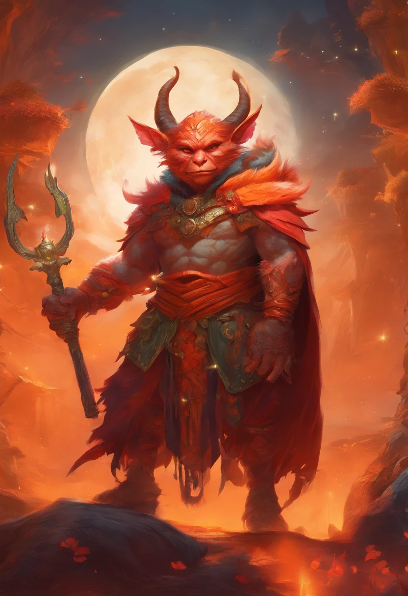 A red-skinned goblin (inspected from the red-skinned Japanese Oni demon). The elf is dressed in a toga made of furry orange fur. the skin is orange in color with black dots and thin stripes and a round patch on the skin. The atmosphere is one of magic and romance and mystery. In the background the universe. realistic image, perfect quality, high definition. The background is a treasure trove
