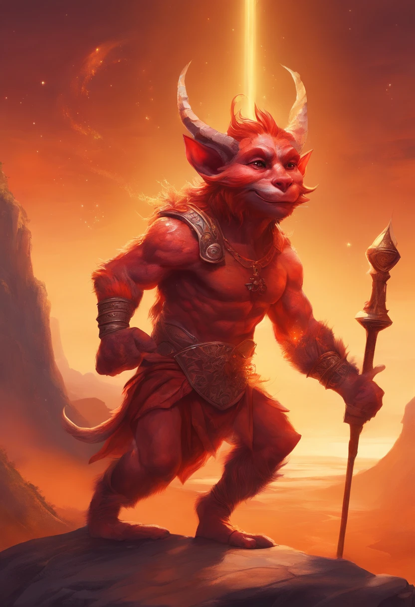 A red-skinned goblin (inspected from the red-skinned Japanese Oni demon). The elf is dressed in a toga made of furry orange fur. the skin is orange in color with black dots and thin stripes and a round patch on the skin. The atmosphere is one of magic and romance and mystery. In the background the universe. realistic image, perfect quality, high definition. The background is a mountain of gold
