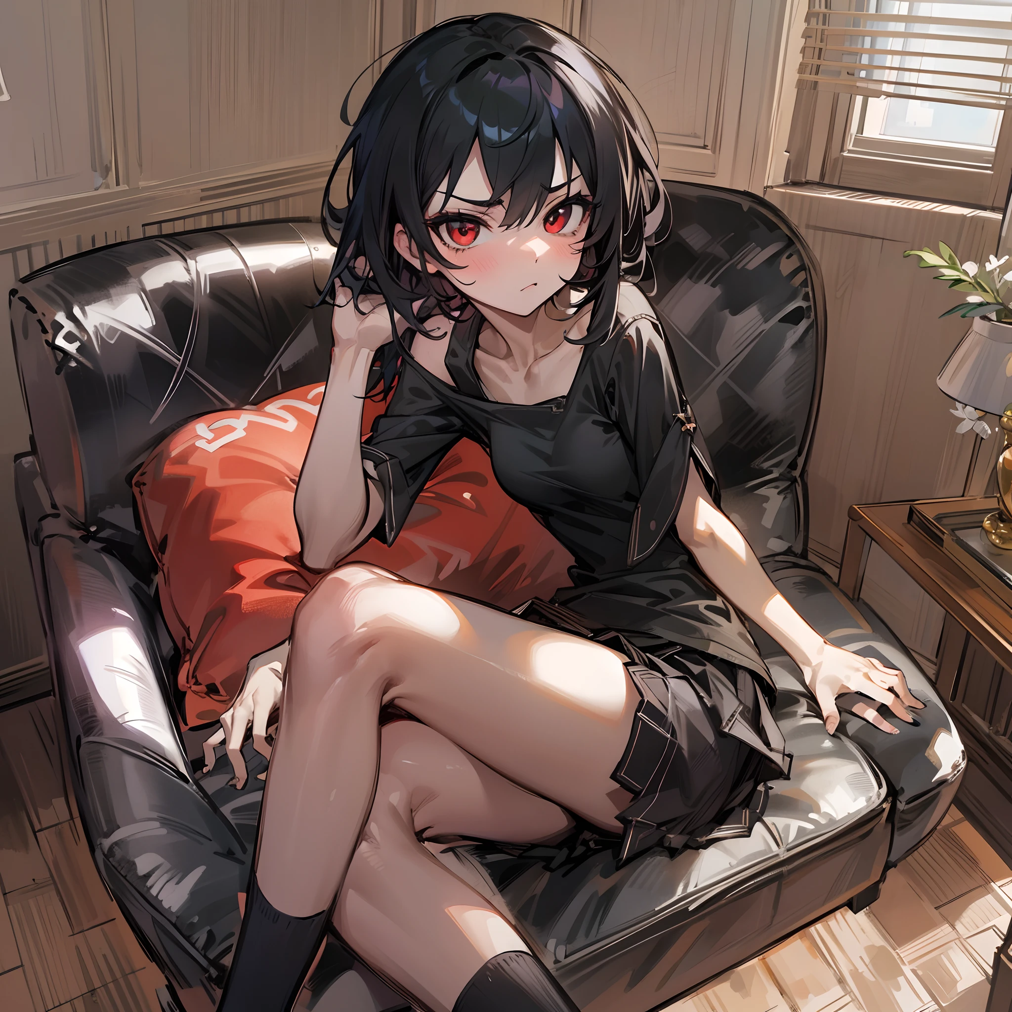 This is a picture of a girl that is mad at the viewer, masterpiece, 8k, highres, top-quality, Extremely detailed, black hair, dark red eyes,black shirt, black miniskirt, sharp eyes, sharp face, tsundere, anime style, sitting on a cushioned chair, crossed legs, close-up view, ultra detailed living room background