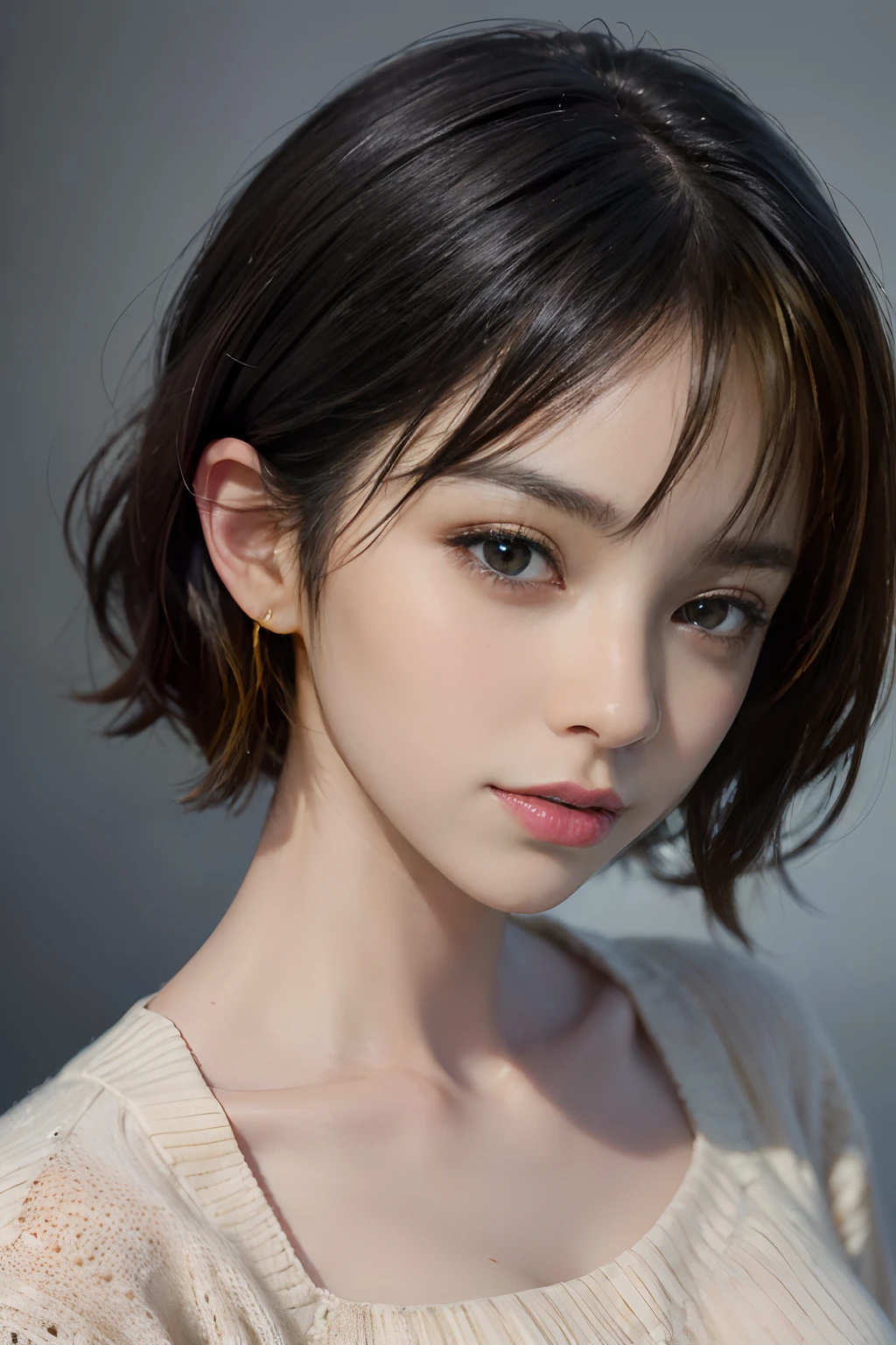 Best Quality, RAW Photos, Photorealistic, Face, Incredibly ridiculous beautiful girl, Cute, Short hair, depth of fields, High resolution, Ultra Detail, detail, Very detailed, extremely detailed eye and face, Sharp pupils, Realistic pupils, Sharp Focus, Cinematic lighting, Flat breasts, Small breasts, Small,( Small bust: 1.2), Small bust, (slim, Small, Flat, Small), slender, Delicate and sexy collarbone, (fullnude:1.5),