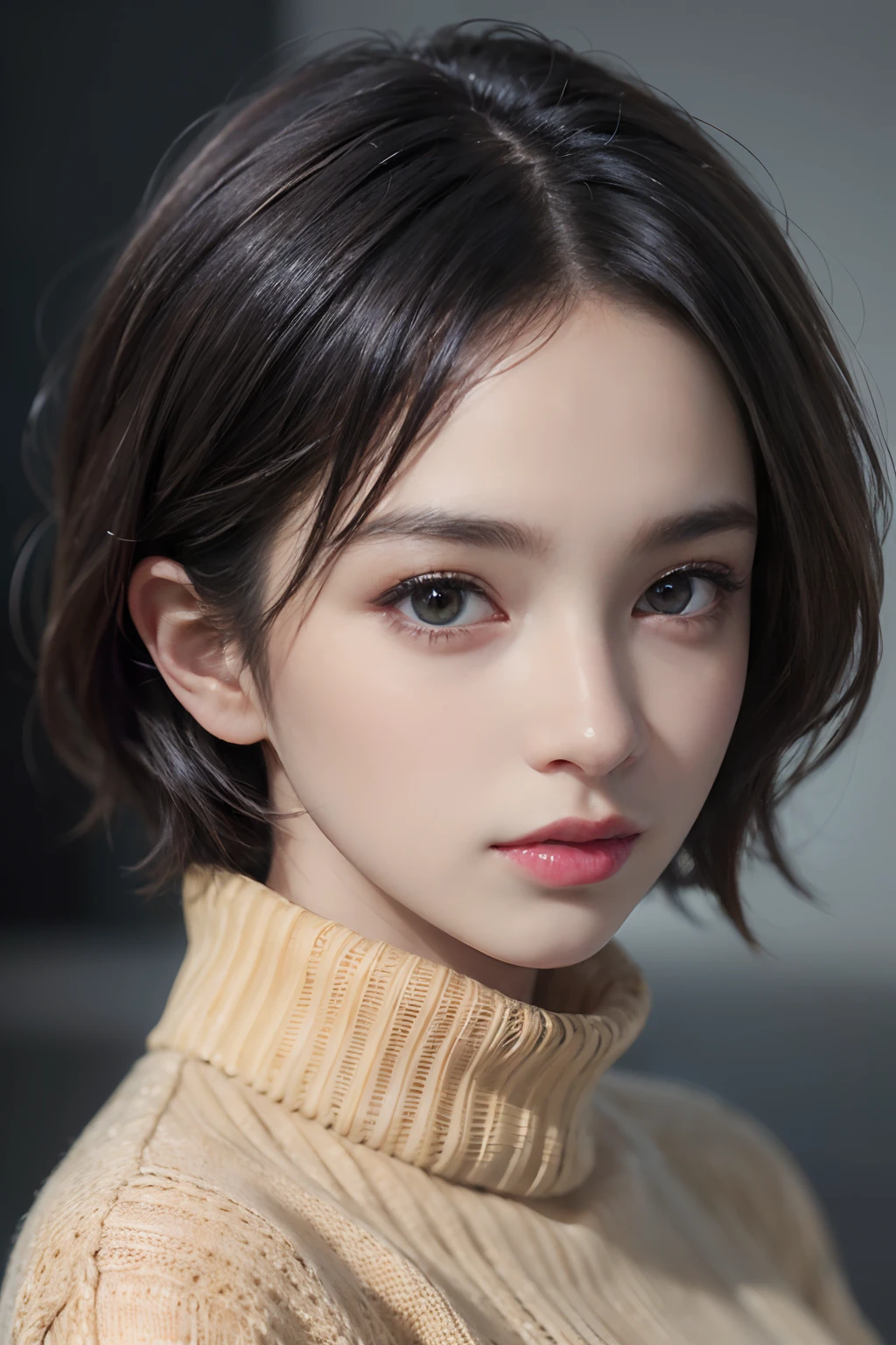 (masterpiece:1.3), (8k, photorealistic, RAW photo, best quality: 1.4), (1girl), beautiful face, (realistic face), (black hair, short hair:1.3), beautiful hairstyle, realistic eyes, beautiful detailed eyes, (realistic skin), beautiful skin, (sweater), absurdres, attractive, ultra high res, ultra realistic, highly detailed, golden ratio