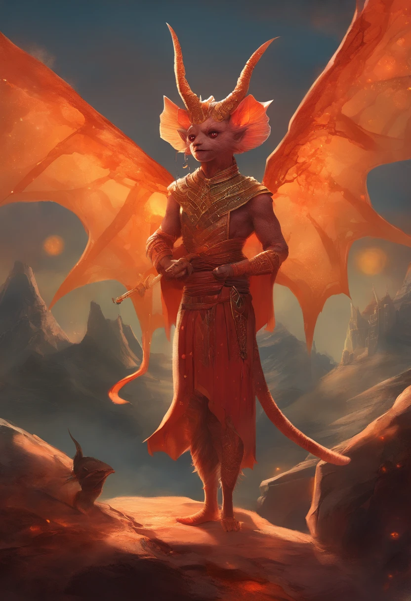 A red-skinned short goblin (inspected from the red-skinned Japanese Oni demon). The goblin is dressed in a toga made of furry orange fur. the skin is orange in color with black dots and thin stripes and a round patch on the skin. The atmosphere is one of magic and romance and mystery. In the background the universe. realistic image, perfect quality, high definition. The background is a mountain of gold