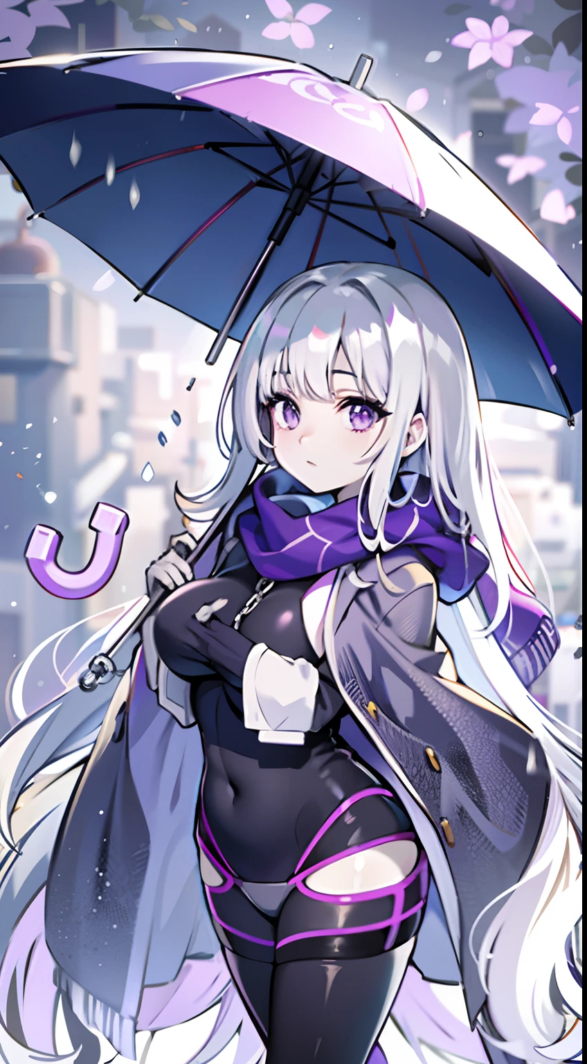 upper body, 1woman, white hair, Long Haired, purple eyes, (ninurple scarf, purple umbrella wagasa, big breats, wallpaper, Chain background, light particles, (masterpiece), best quality, Top Quality, pale white skin,