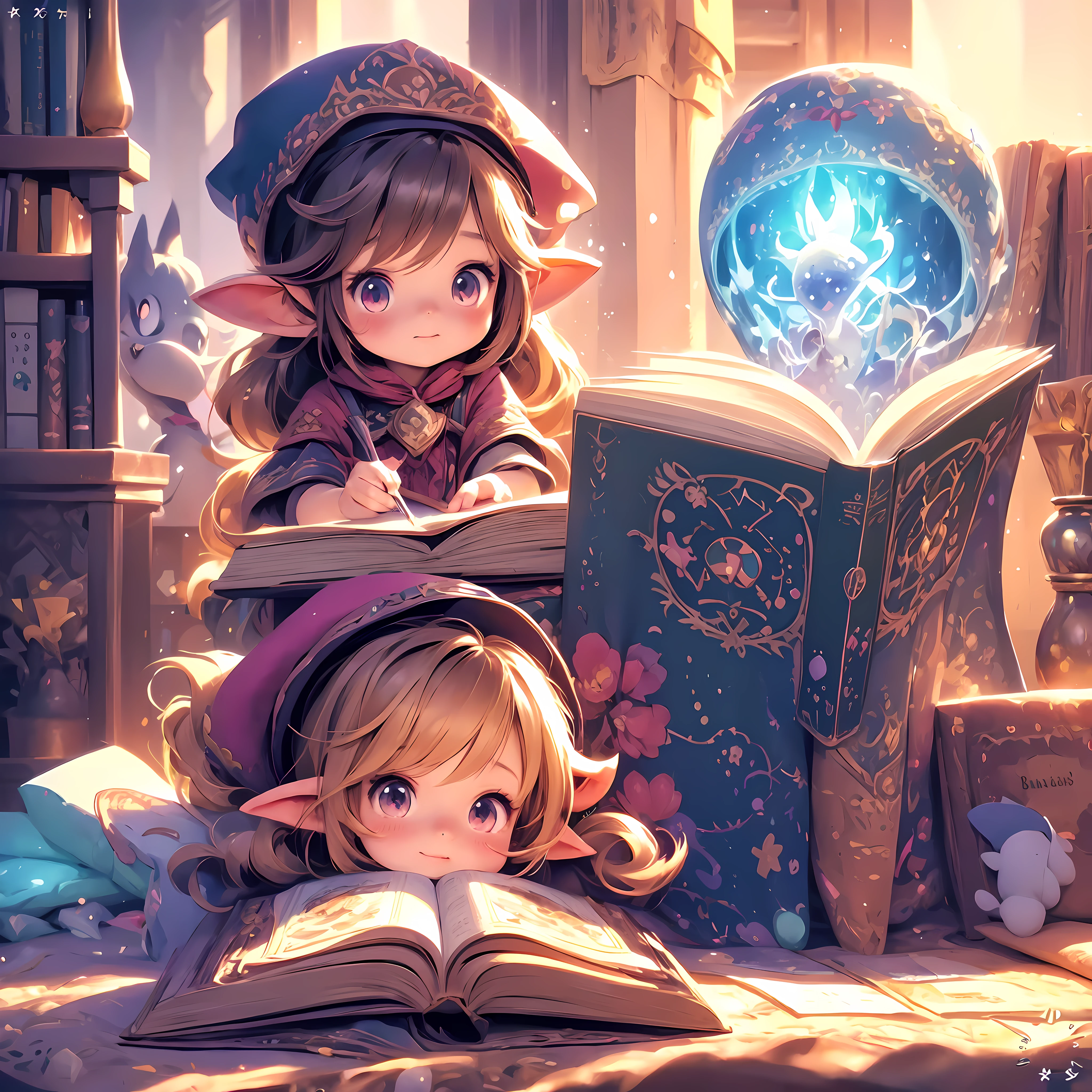 anime girl reading a book with a hat on her head, adorable digital painting, magic book, cute detailed digital art, *********** with magical powers, fantasy book illustration, holding spell book, fantasy book, cute digital art, cute storybook illustration, artbook artwork, spell book, happy brave magical cuteness, lalafell, anime fantasy illustration