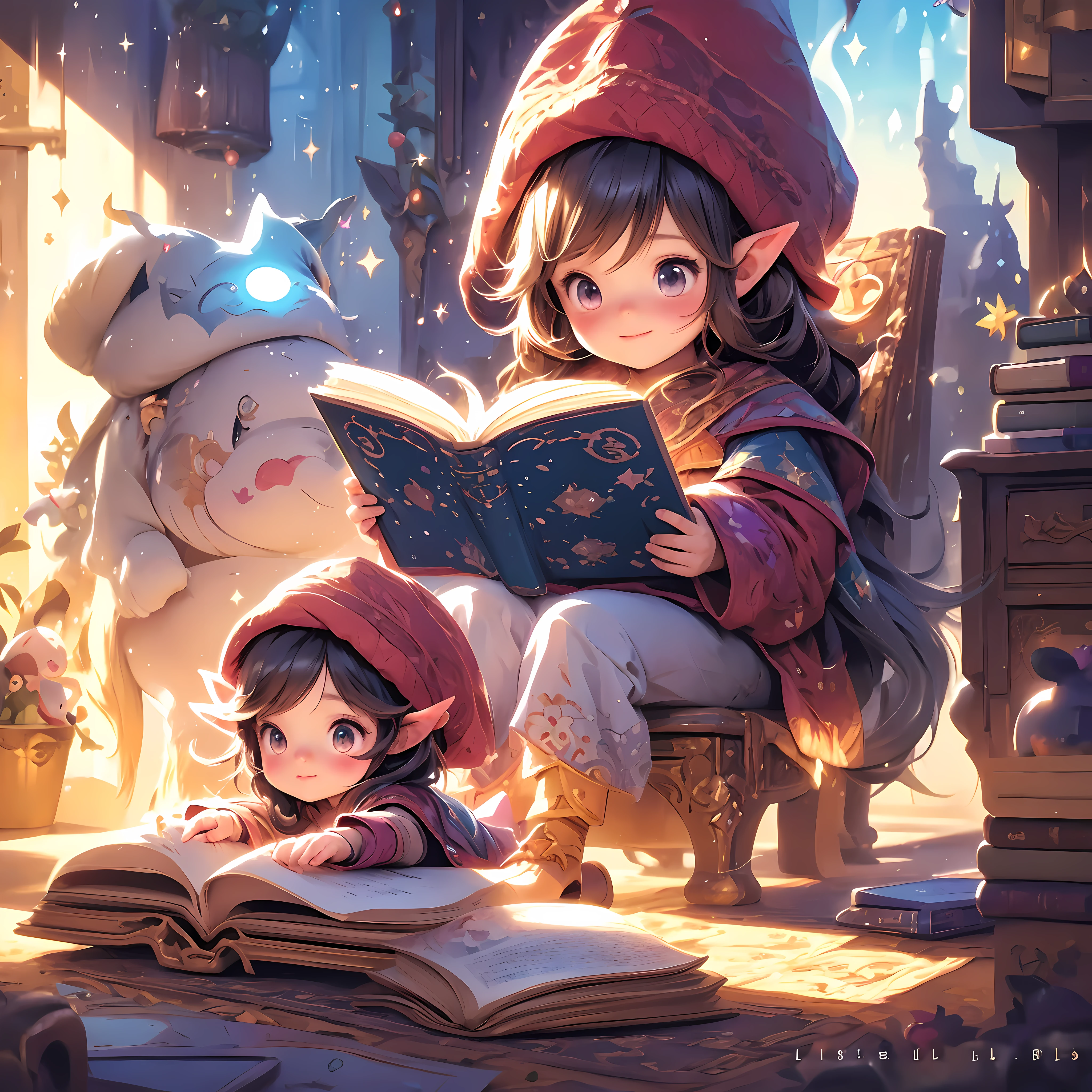 anime girl reading a book with a hat on her head, adorable digital painting, magic book, cute detailed digital art, *********** with magical powers, fantasy book illustration, holding spell book, fantasy book, cute digital art, cute storybook illustration, artbook artwork, spell book, happy brave magical cuteness, lalafell, anime fantasy illustration