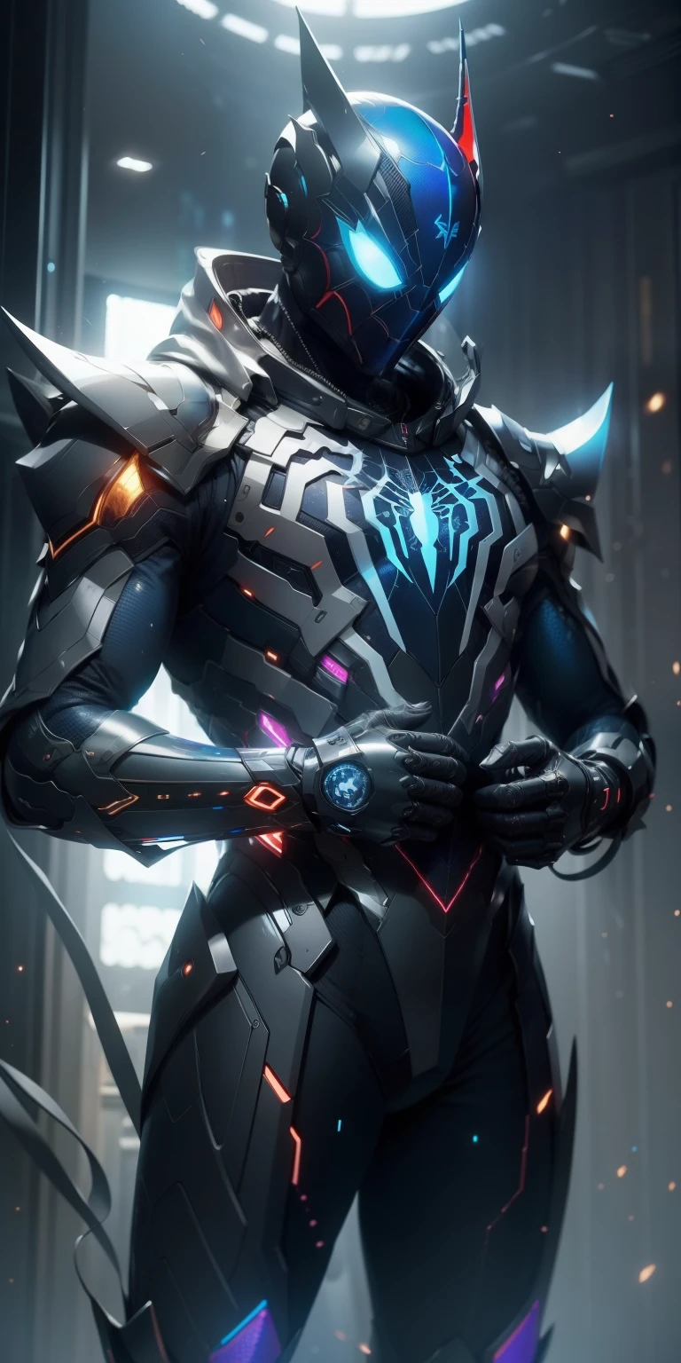 HDR,4k,8k,32k,((detalles Intrincados)),The suit is made of a changing nanotechnological fabric, with a chrome chandelier on the chest and constellation details on sleeves and legs. Incorpora una capa desmontable que parece alas de una nave espacial , ((Holographic hacker helmet)),which projects a cosmic mask onto Spider-Man's face... This suit allows you to breathe in space and adapt to alien environments, Fusing cosmic style with exceptional functionality.