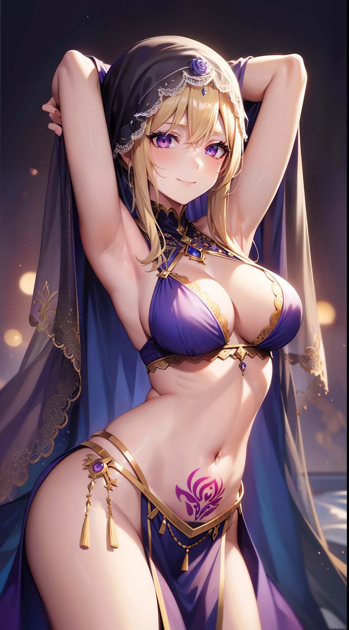 young girl, longue blonde hair, violet eyes, Blue dancer's dress, open breasts, open belly, Sleeveless, tattoo, hands behind head, Smile, A veil covers the face, Masterpiece, hiquality, 4k, HD, Good detail