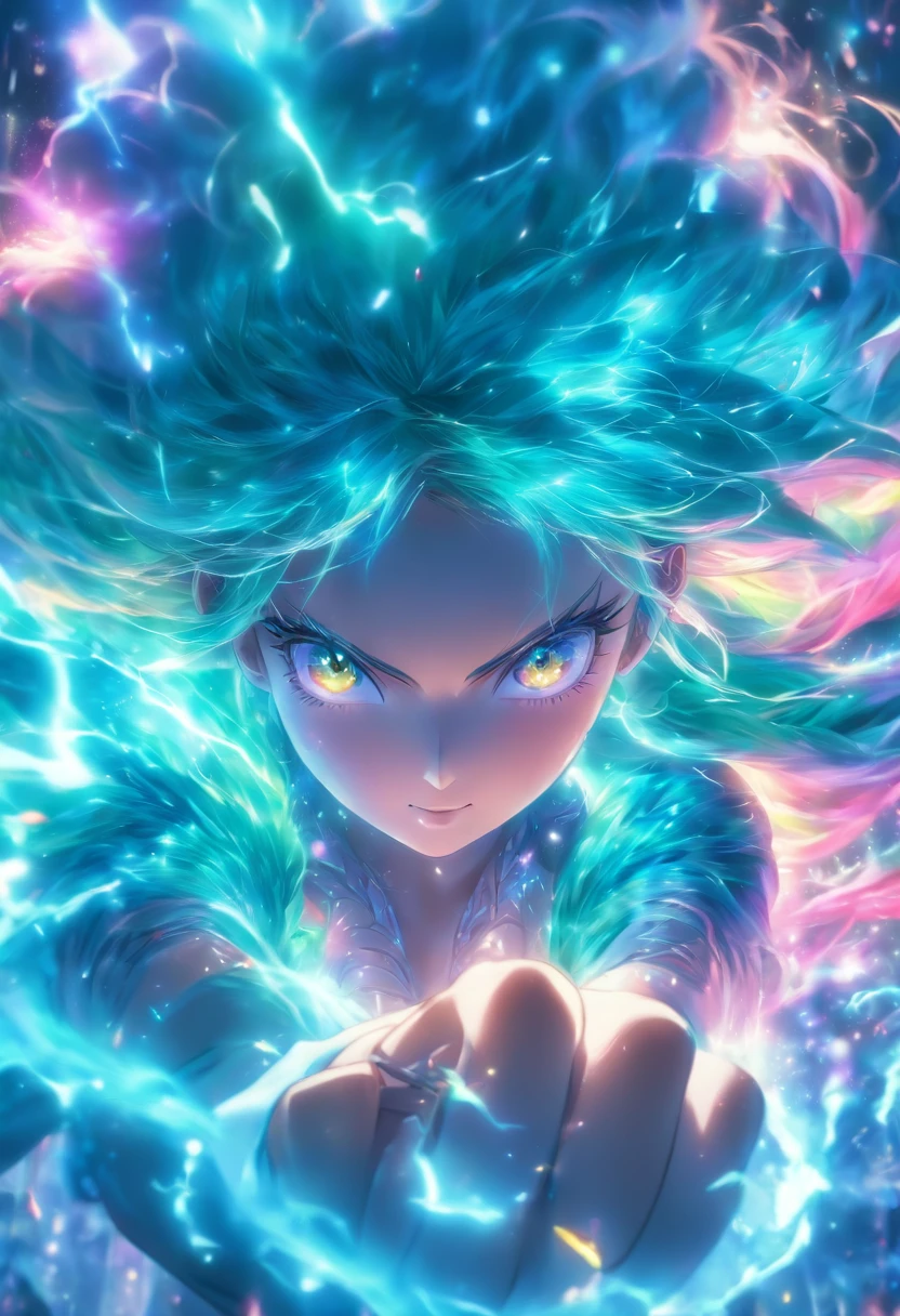 (best quality,4k,8k,highres,masterpiece:1.2),ultra-detailed,(realistic,photorealistic,photo-realistic:1.37),female with glowing teal eyes,rainbow colored hair,casting glowing spells,mystical forest,illustration,enchanted atmosphere,vibrant colors,soft lighting