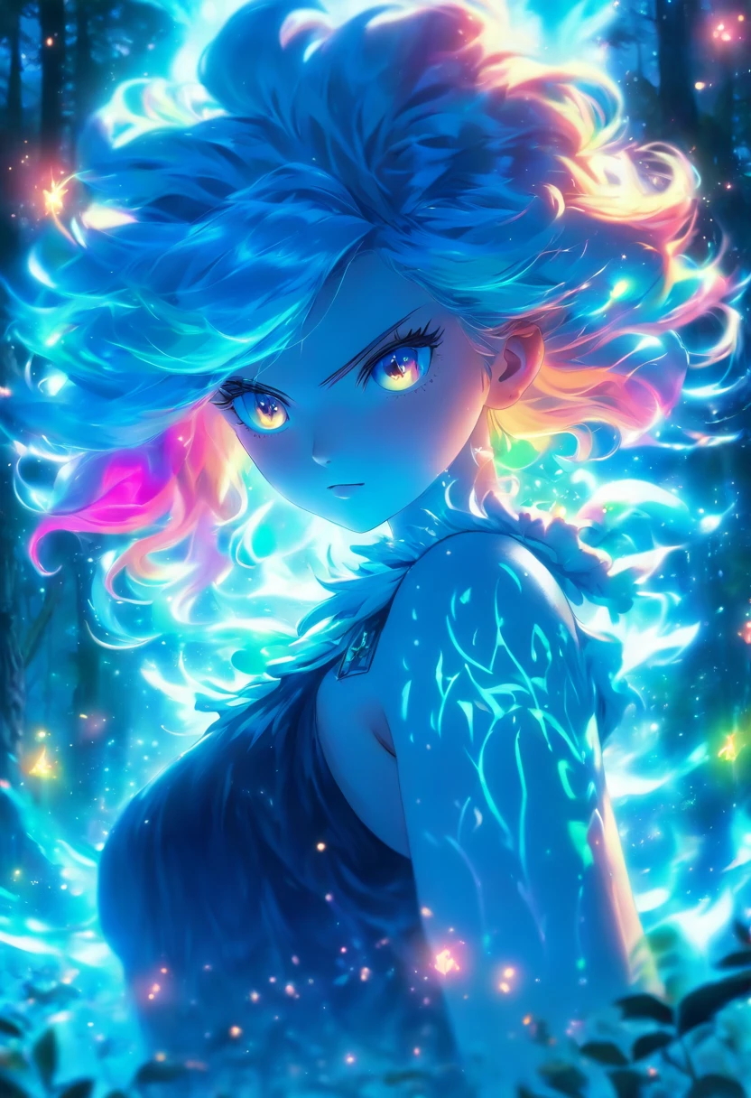(best quality,4k,8k,highres,masterpiece:1.2),ultra-detailed,(realistic,photorealistic,photo-realistic:1.37),female with glowing teal eyes,rainbow colored hair,casting glowing spells,mystical forest,illustration,enchanted atmosphere,vibrant colors,soft lighting